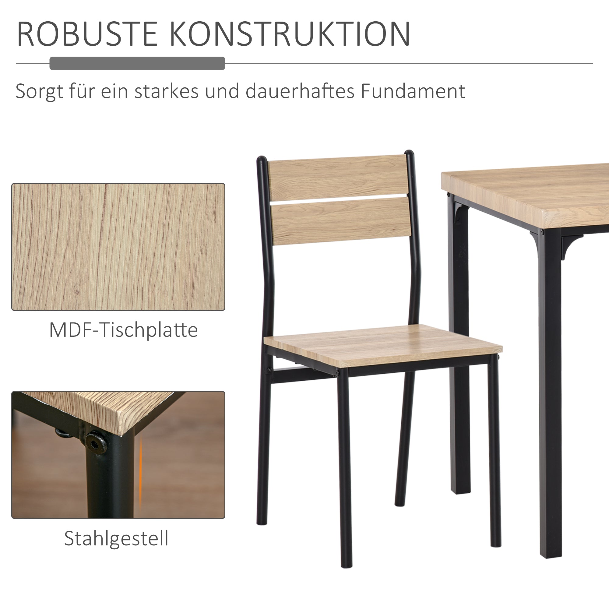 HOMCOM 3-teilige Esstisch Küchentisch mit Stühlen Set Naturholzmaserung + Schwarz mit 1 Tisch + 2 Stühlen