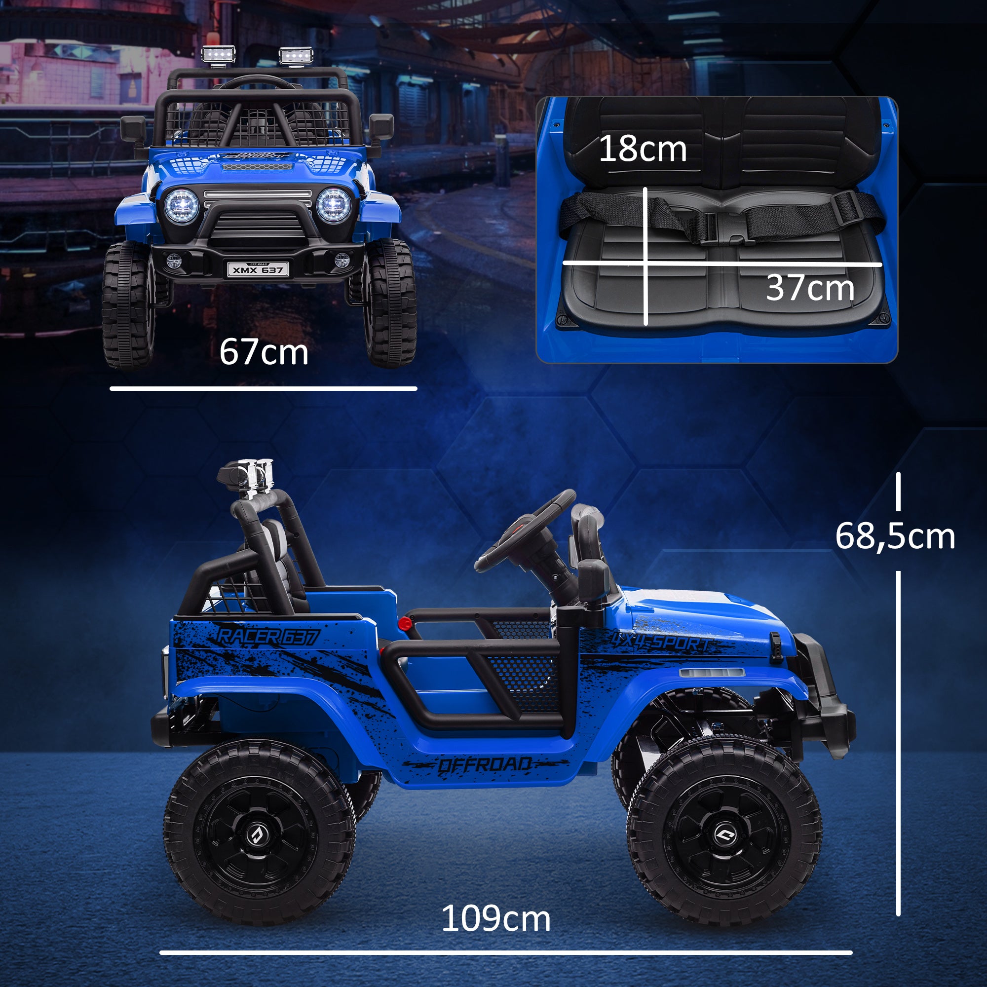 AIYAPLAY Kinder-Elektroauto mit sanfter Federung, fernsteuerbar, LED-Lichter, Hupe, 12V-Motoren, aus Kunststoff und Metall, Blau