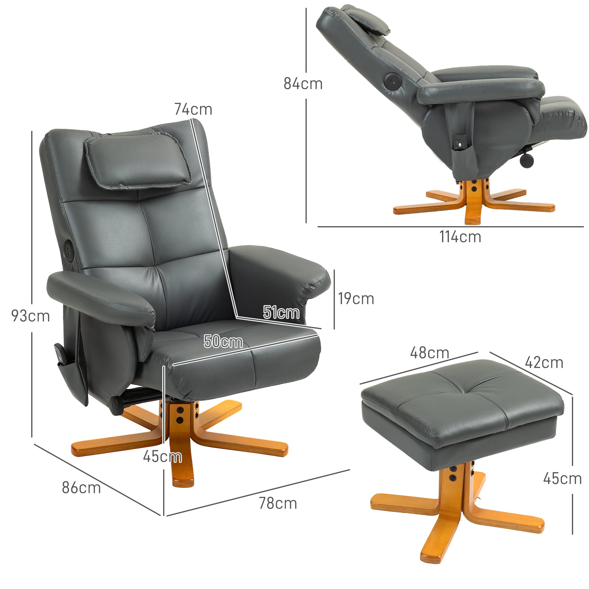 HOMCOM /Massagesessel mit Hocker, verstellbare Lehne, USB-Ladeport, Lederoptik, bis 150 kg, Dunkelgrau