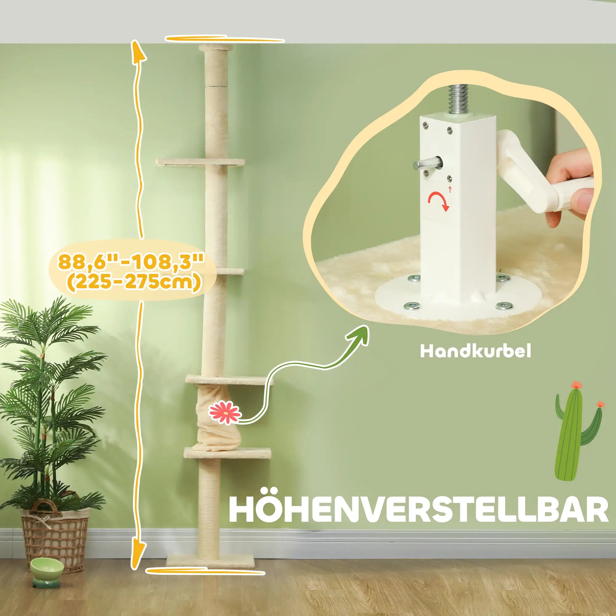 PawHut Kratzbaum, verstellbare Höhe 225-275 cm, stabile Basis, Kippschutz, Plüschbezug, Cremeweiß