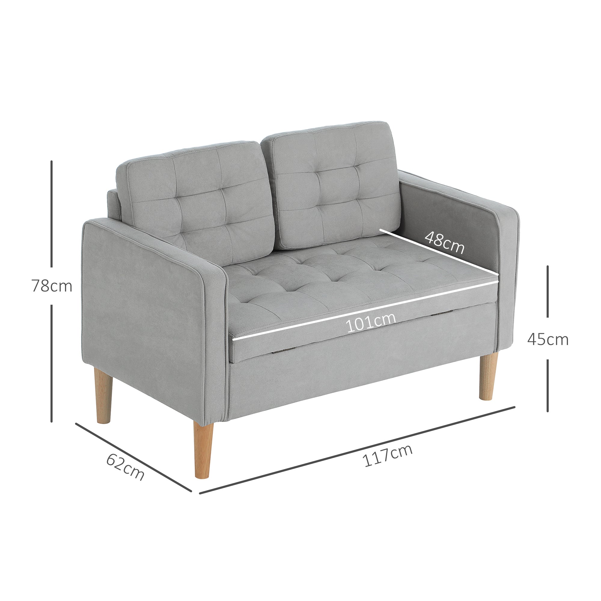 HOMCOM Zweisitzer-Sofa mit Stauraum, Knopfheftung, Kissen, Kautschukbaumholz, 117x62x78cm, Hellgrau
