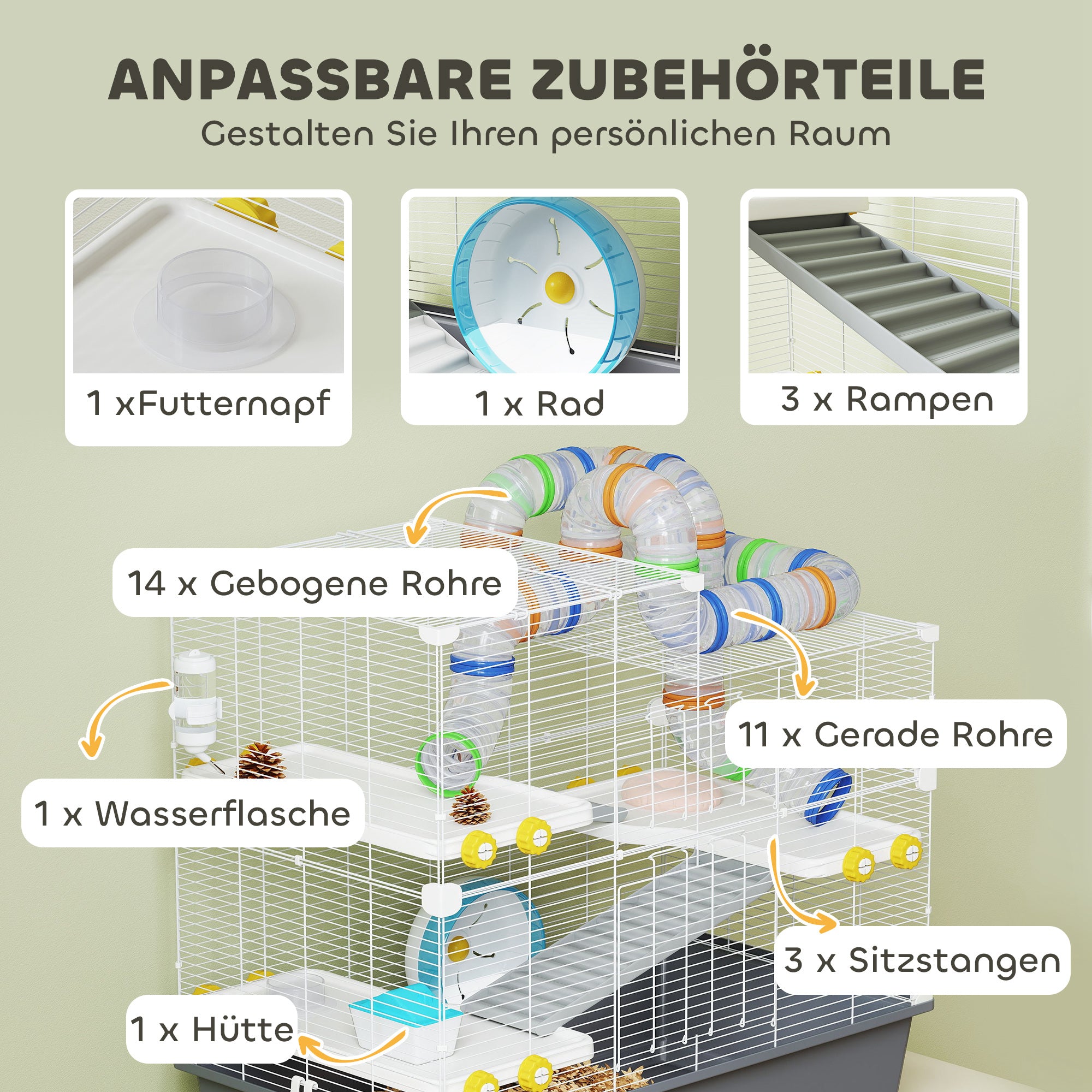 PawHut Zwerghamsterkäfig, 4 Ebenen, Tunnelsystem, Hütte, Zubehör, obere Öffnung, 78 x 45 x 73 cm, Grau