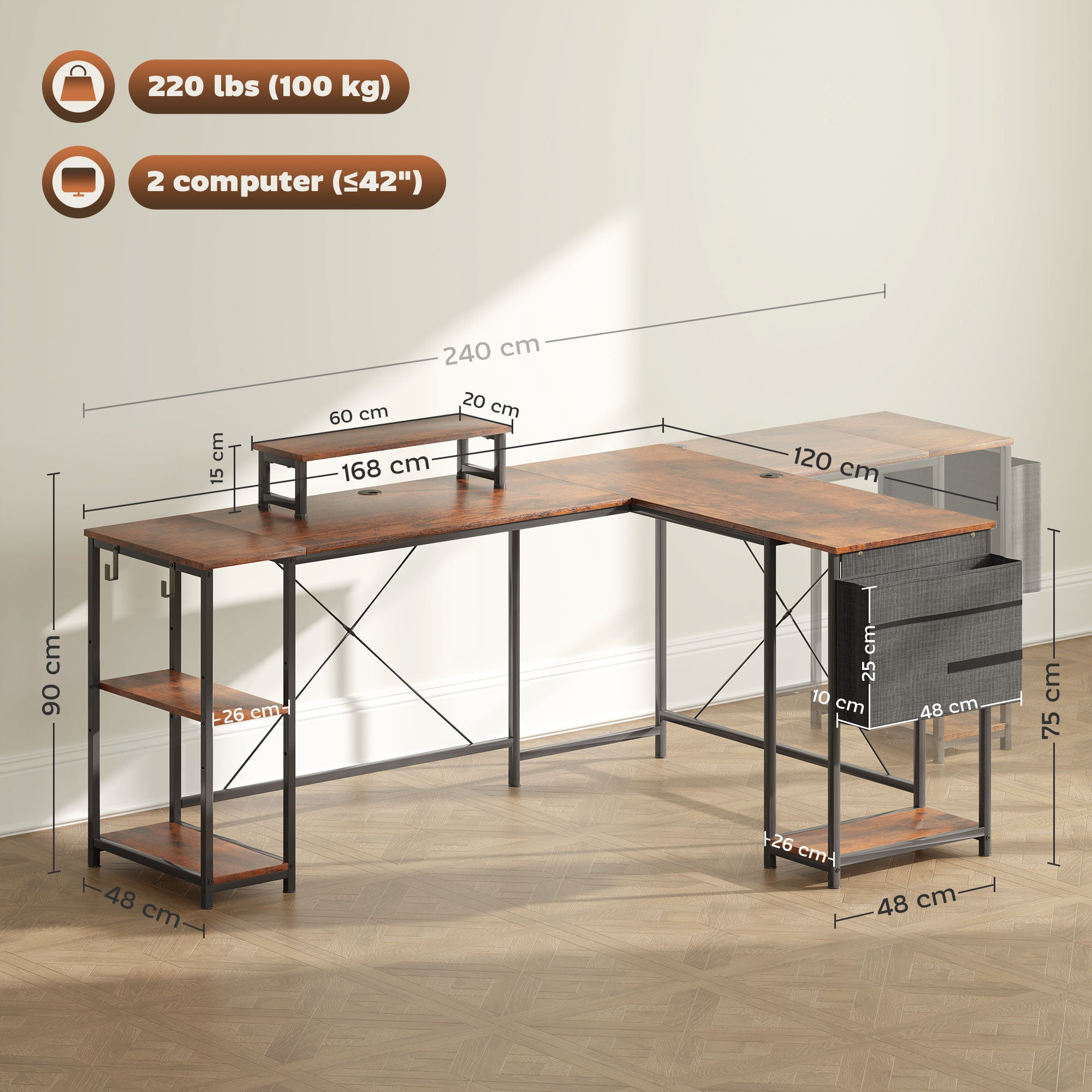 HOMCOM L-förmiger Schreibtisch, Vielseitiger Bürotisch mit einstellbaren Regalen und Aufbewahrungstasche, Monitorständer, Braun