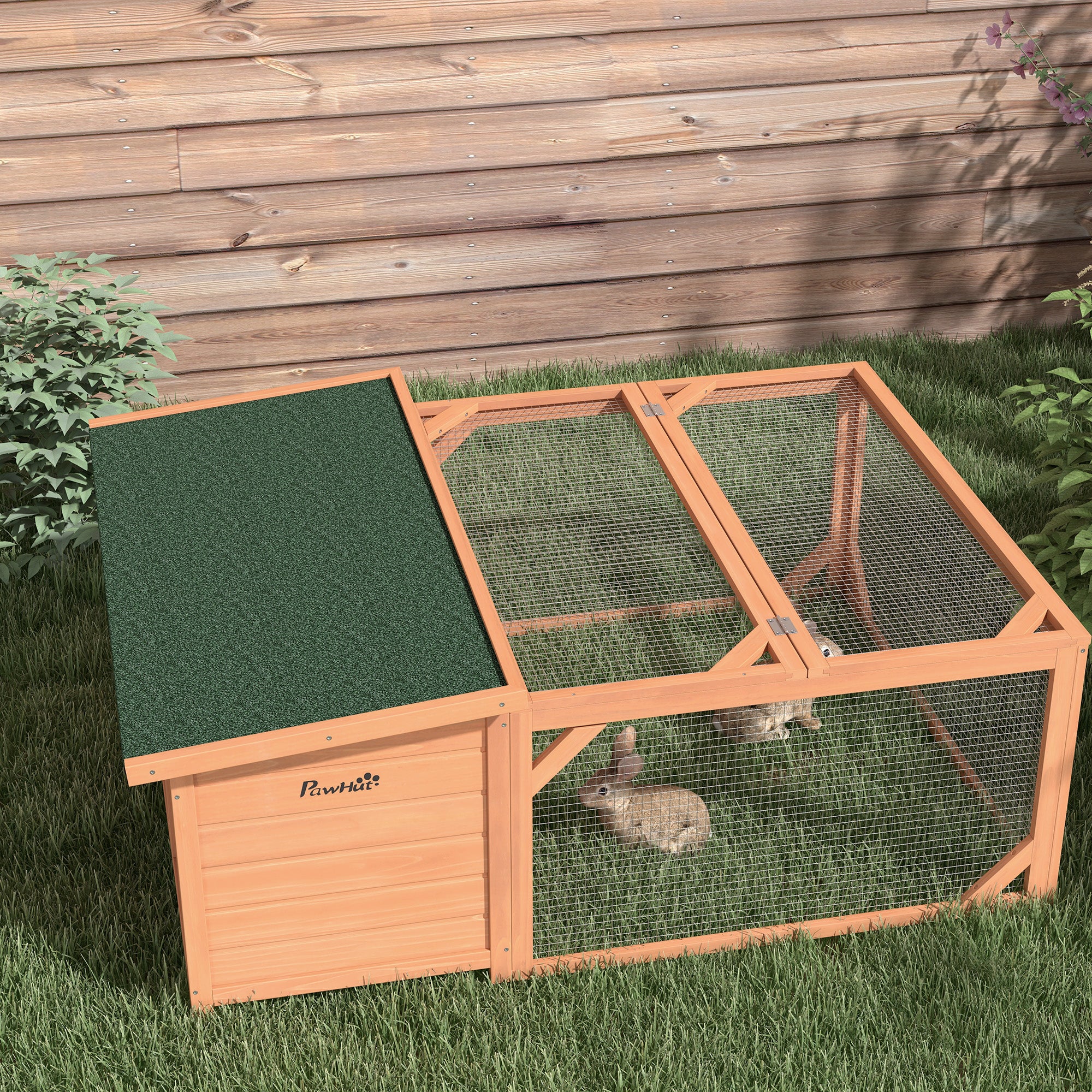 PawHut Kleintierstall mit Freigehege, herausnehmbare Bodenwanne, wetterbeständig, 125,5 cm x 100 c x 49 cm Grün + Natur