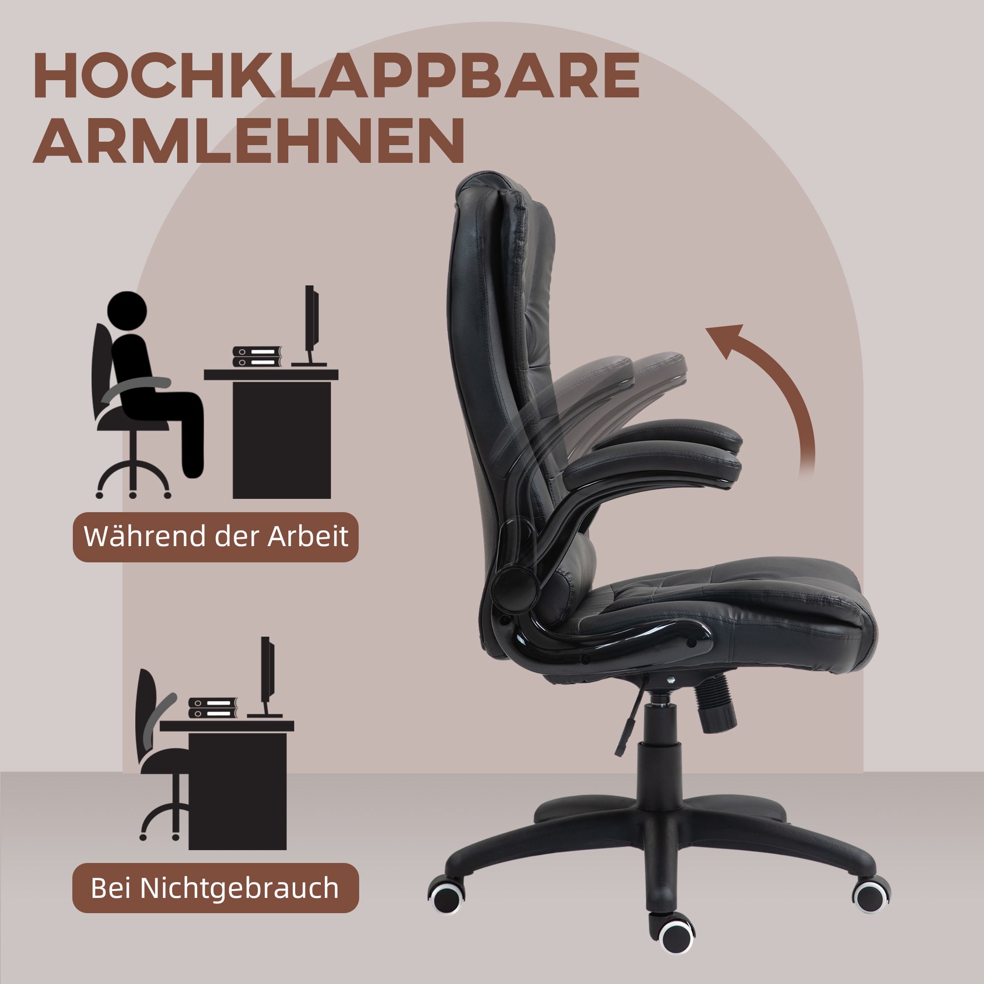 HOMCOM Ergonomischer Bürostuhl, klappbare Armlehnen, Neigefunktion, Schwarz