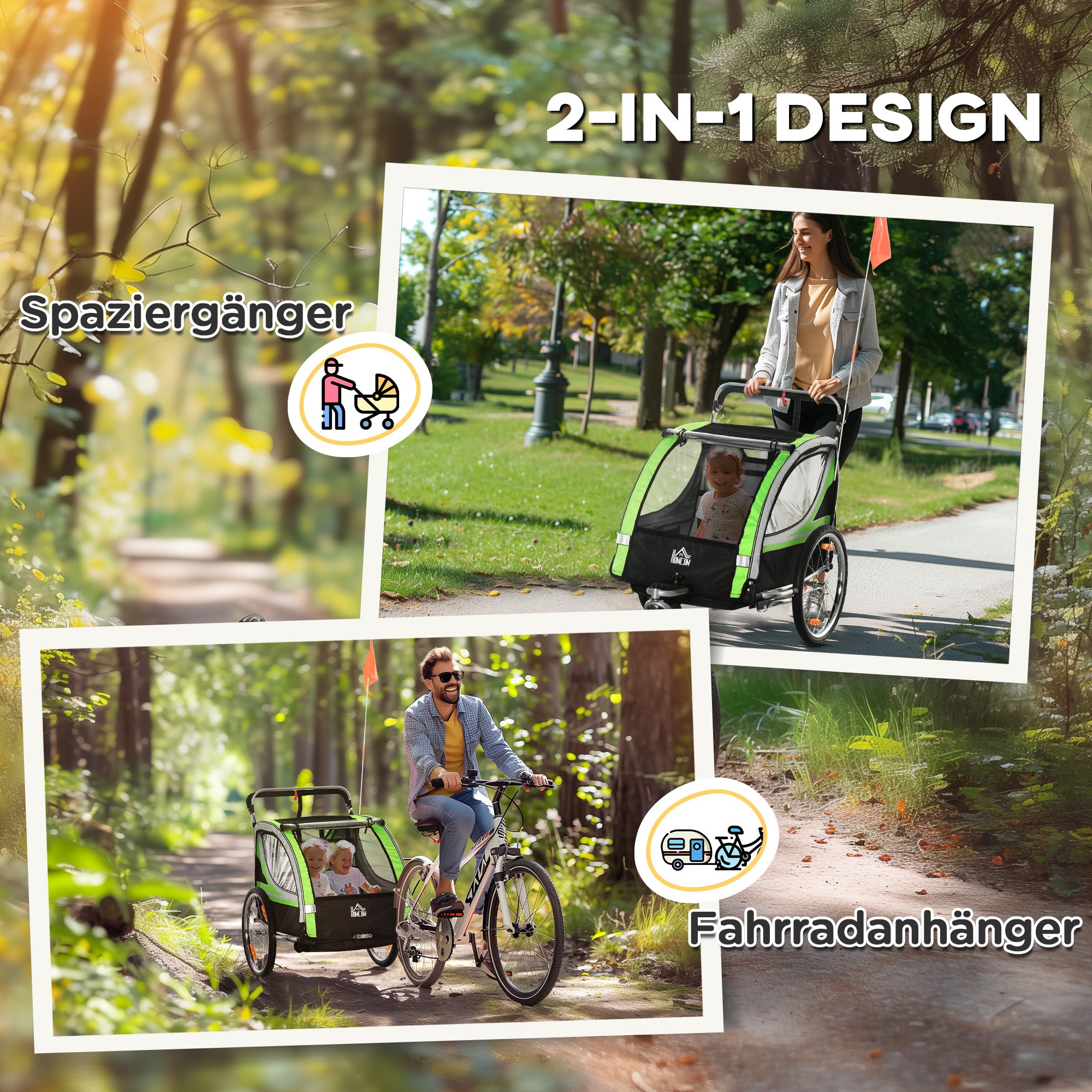 HOMCOM 2-in-1 Fahrradanhänger für 2 Kinder, Schiebefunktion, Regenschutz, Bremse, Grün
