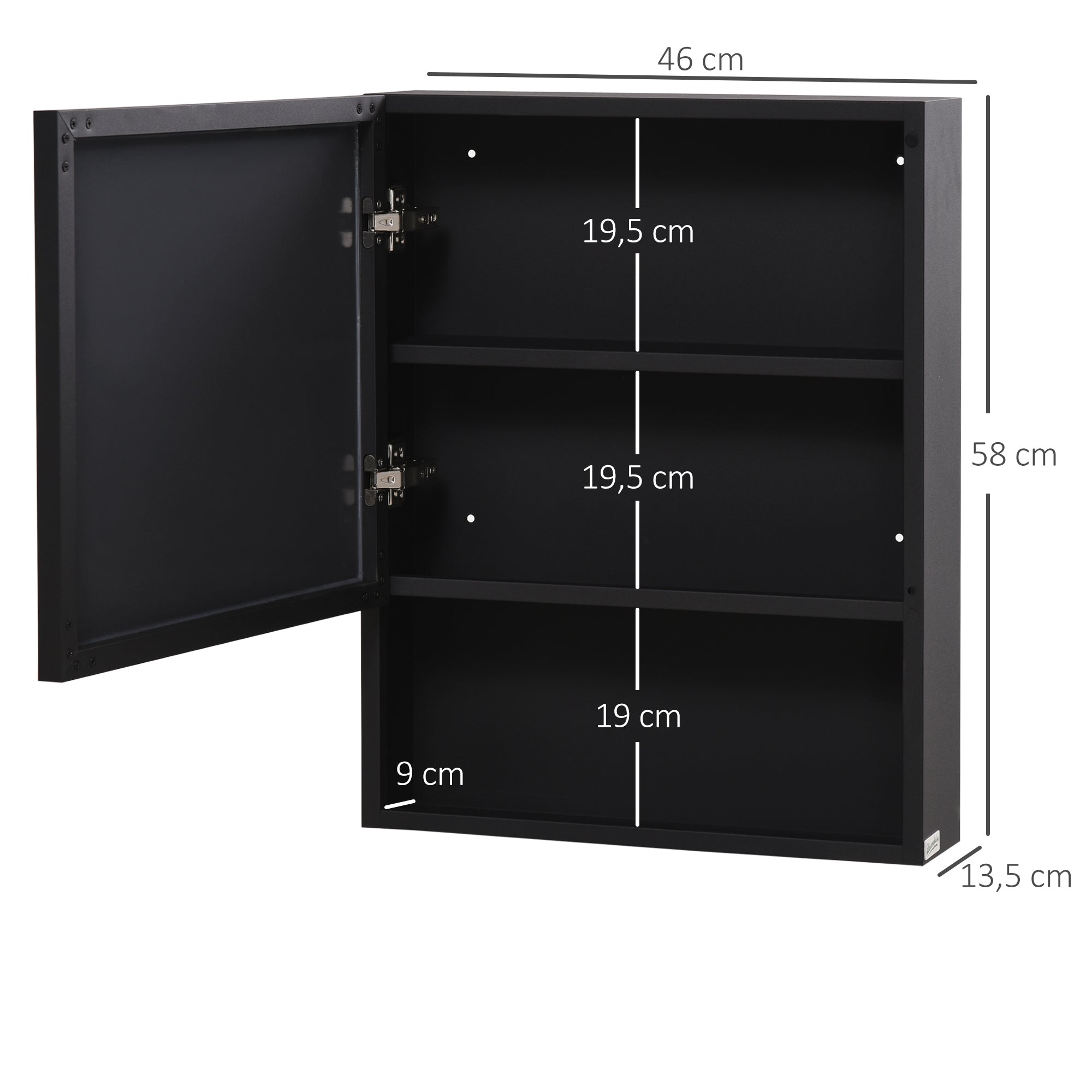kleankin Spiegelschrank, 2 Innenböden, offenes Regalfach, Stahlgehäuse, schwarz, 46 x 13,5 x 58 cm