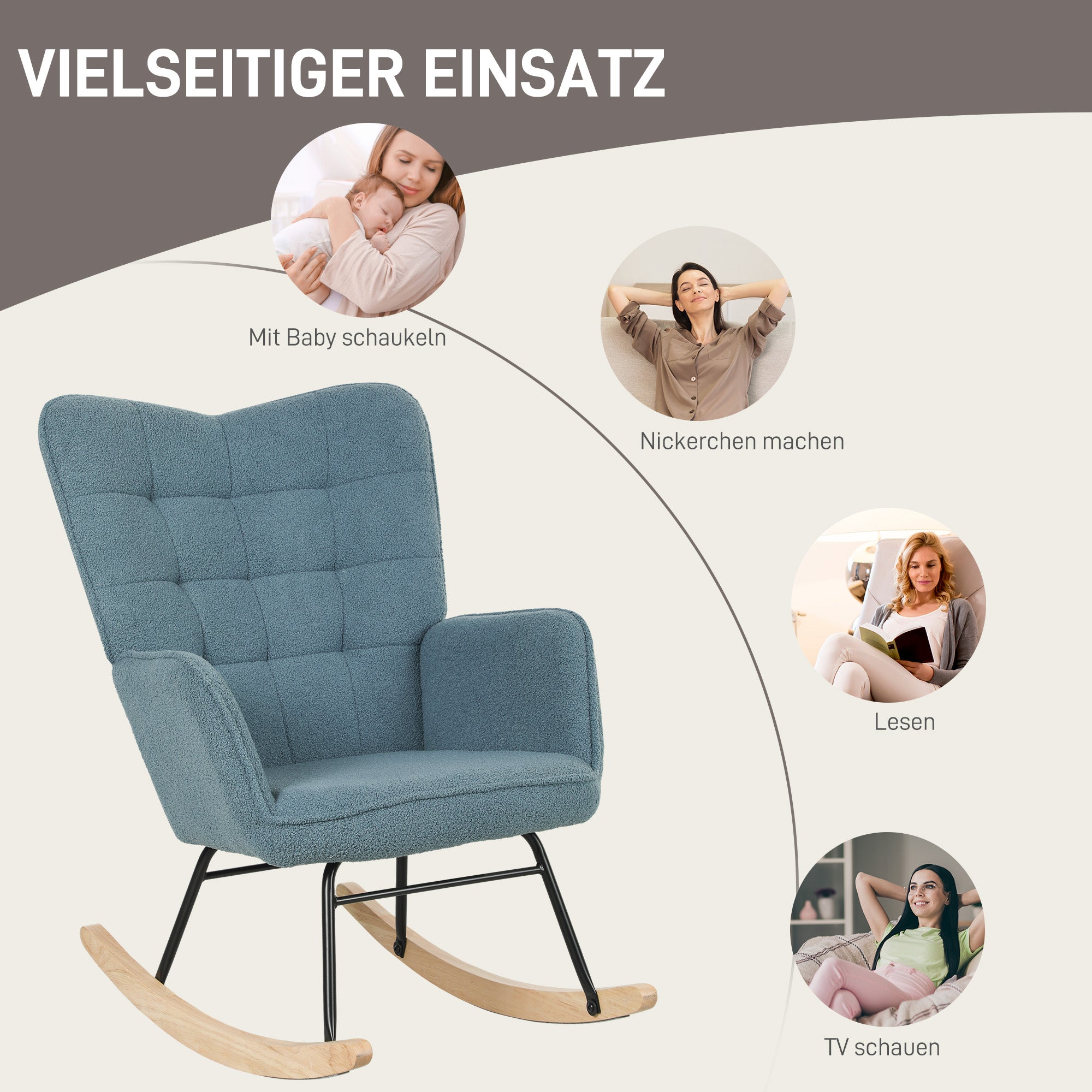 HOMCOM Schaukelstuhl, ergonomische Form, Echtholzkufen, bis 120 kg, Hellblau