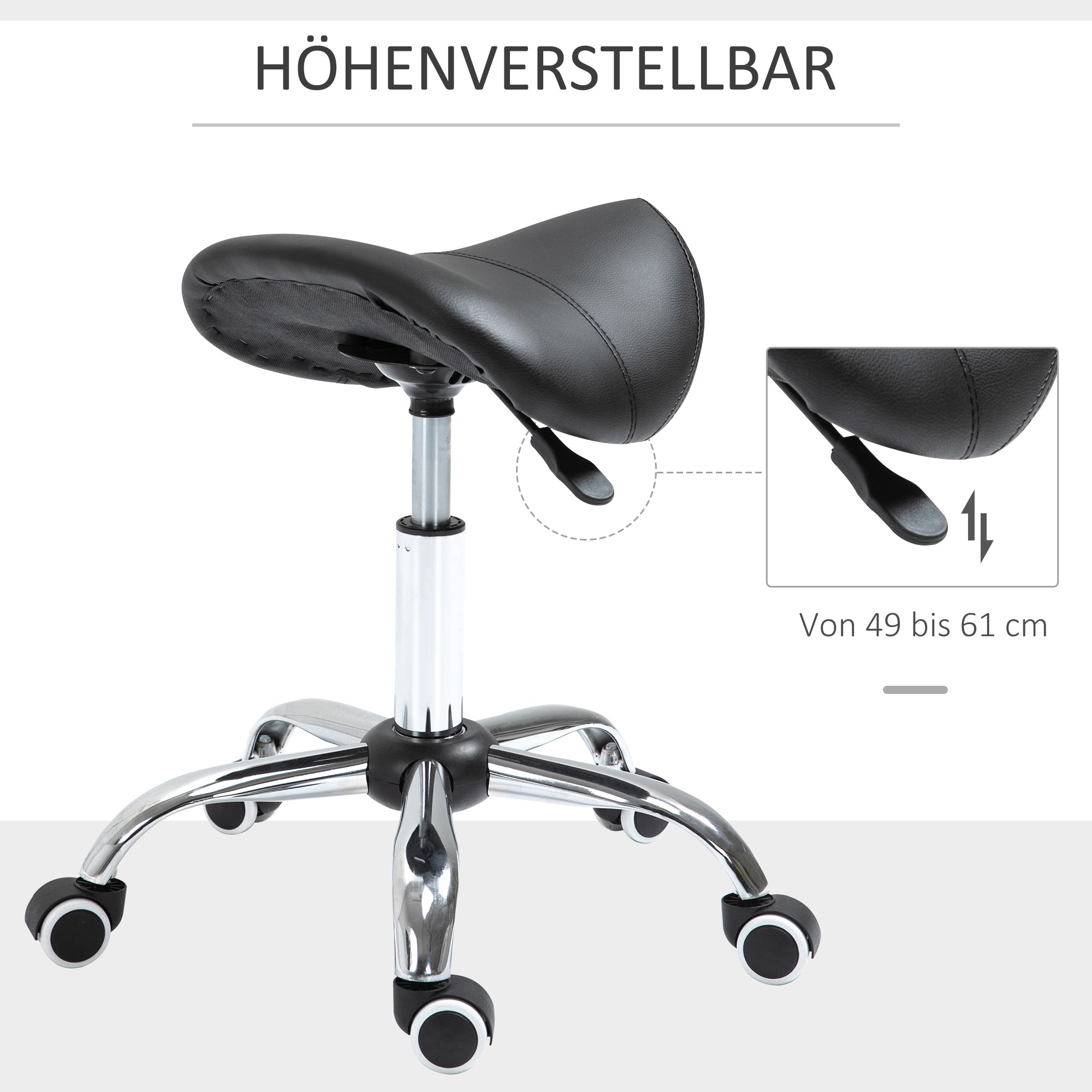HOMCOM Sattelhocker Arbeitshocker Drehstuhl Drehhocker Rollhocker Kosmetikhocker gepolstert höhenverstellbar (Schwarz)