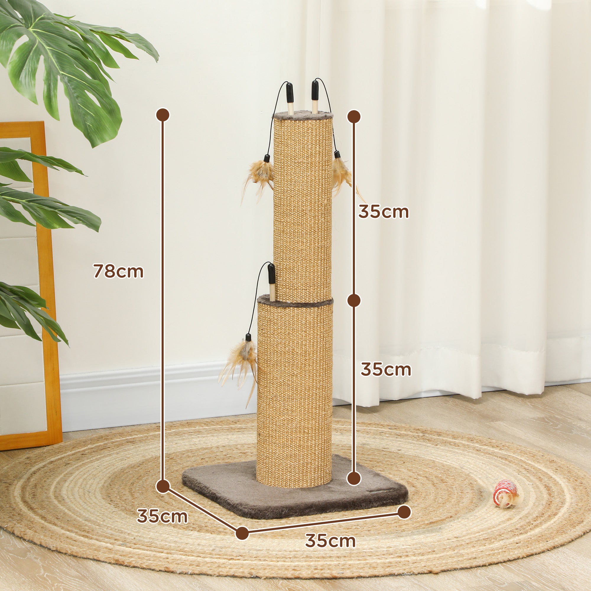PawHut 78 cm 2-in-1 Katzenkratzpfosten mit 3 Spielzeugfedern, Braun
