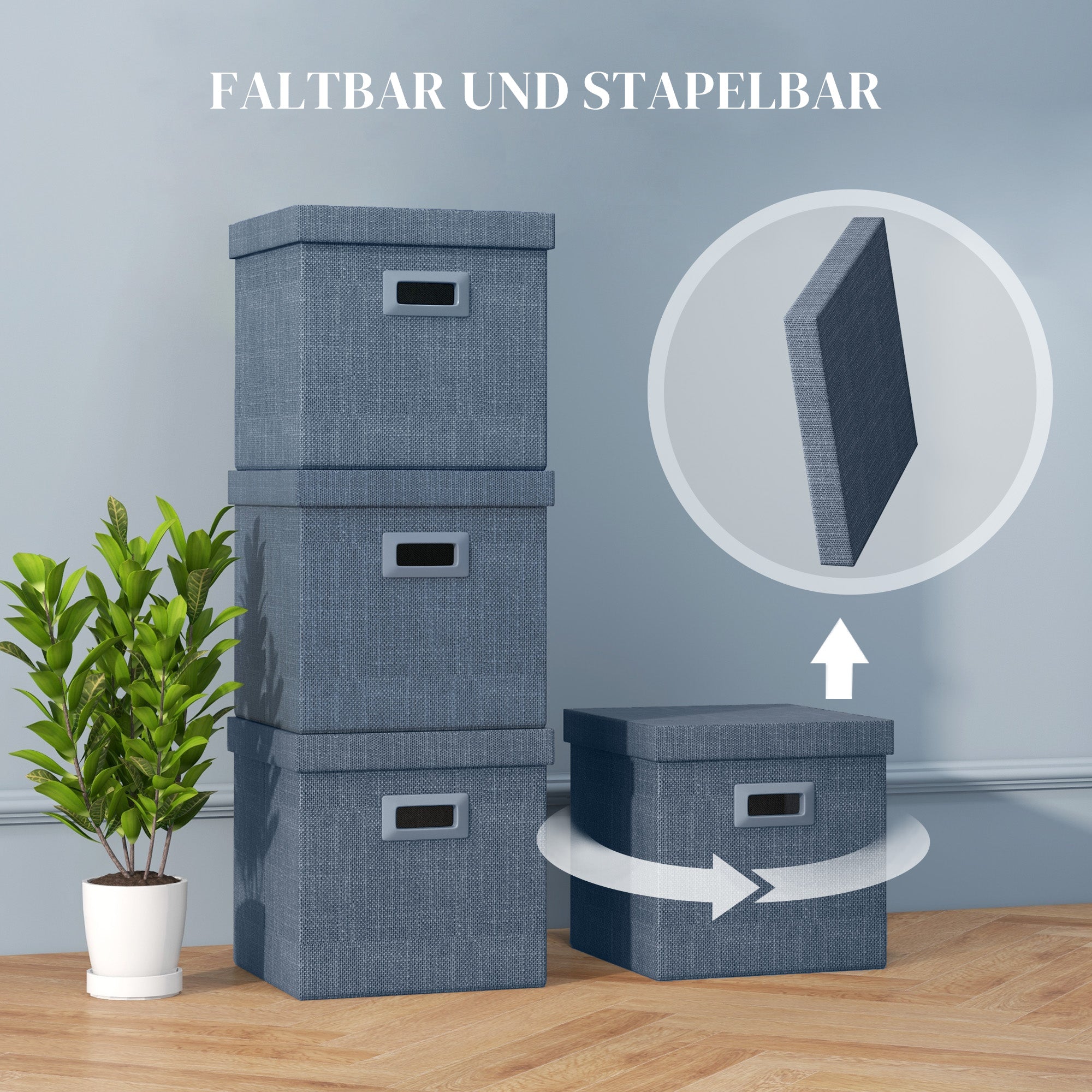 HOMCOM Aufbewahrungsbox Set, abnehmbarer Deckel, Griffe, faltbar, stapelbar, Leinenimitat, Blau