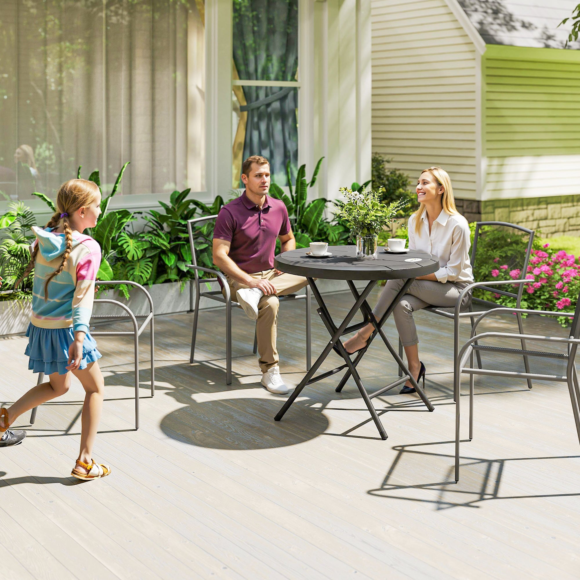 Outsunny Gartentisch, rund, klappbar, für 4 Personen, Holzoptik, Stahl+Kunststoff, dunkelgrau, 80 x 80 x 73 cm