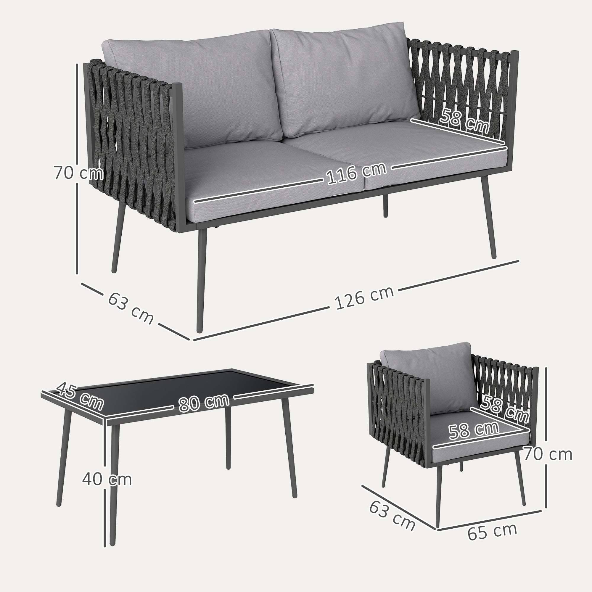 Outsunny Gartenmöbel Set 4 Personen wetterfest Balkonmöbel-Set mit 2er Sofa, Sessel Glastisch Sitzkissen Hellgrau