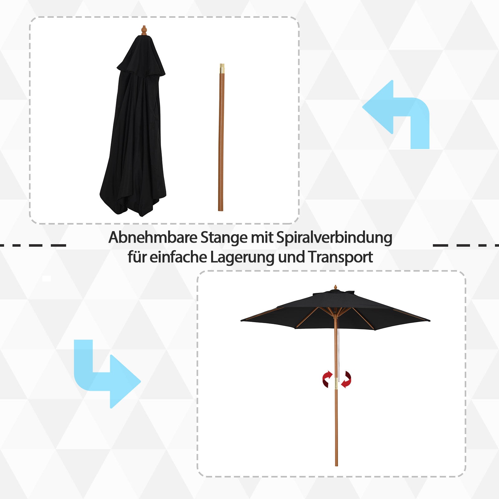 Outsunny Sonnenschirm Ø 250 cm, Sonnenschirm mit Seilzugmechanismus Balkonschirm Strandschirm aus Bambus windfest Marktschirm Sonnenschutz für Balkon Terrasse Garten, Schwarz