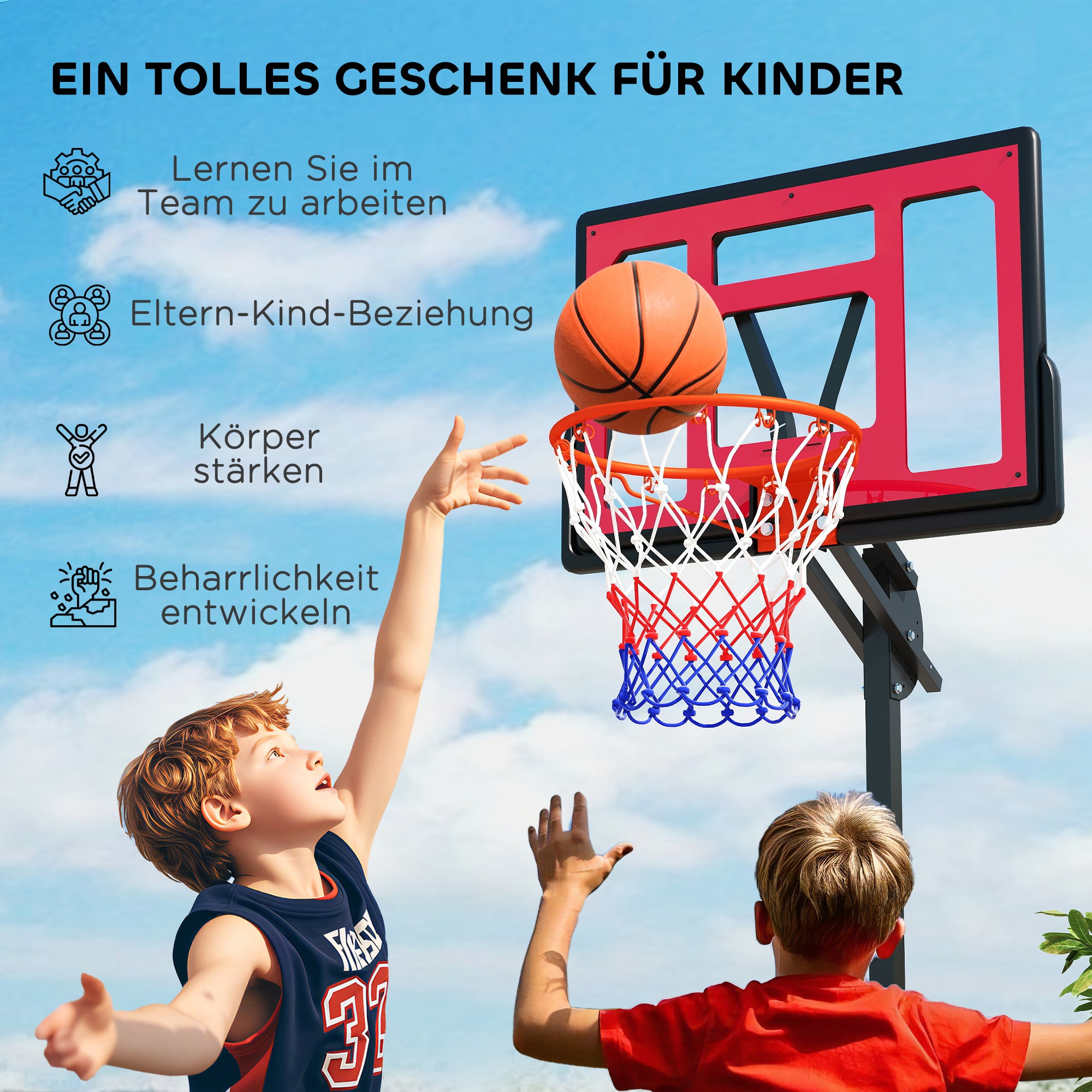 AIYAPLAY Kinder-Basketballkorb, Outdoor-Basketballkorb für Kinder, 200-260 cm höhenverstellbar, mit Rädern, ab 6 Jahren, Rot