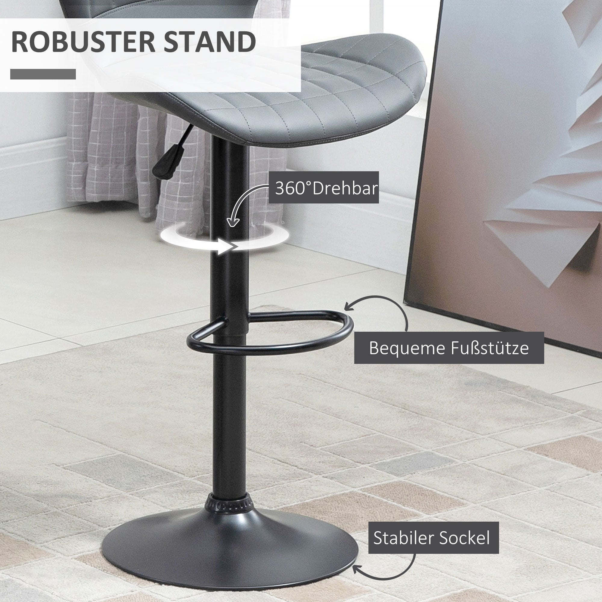 HOMCOM 2er-Set Barhocker Barstühle Barhocker, höhen verstellbar, mit Fußstütze, 47cm x 51,5 cm x 89-109 cm, Grau