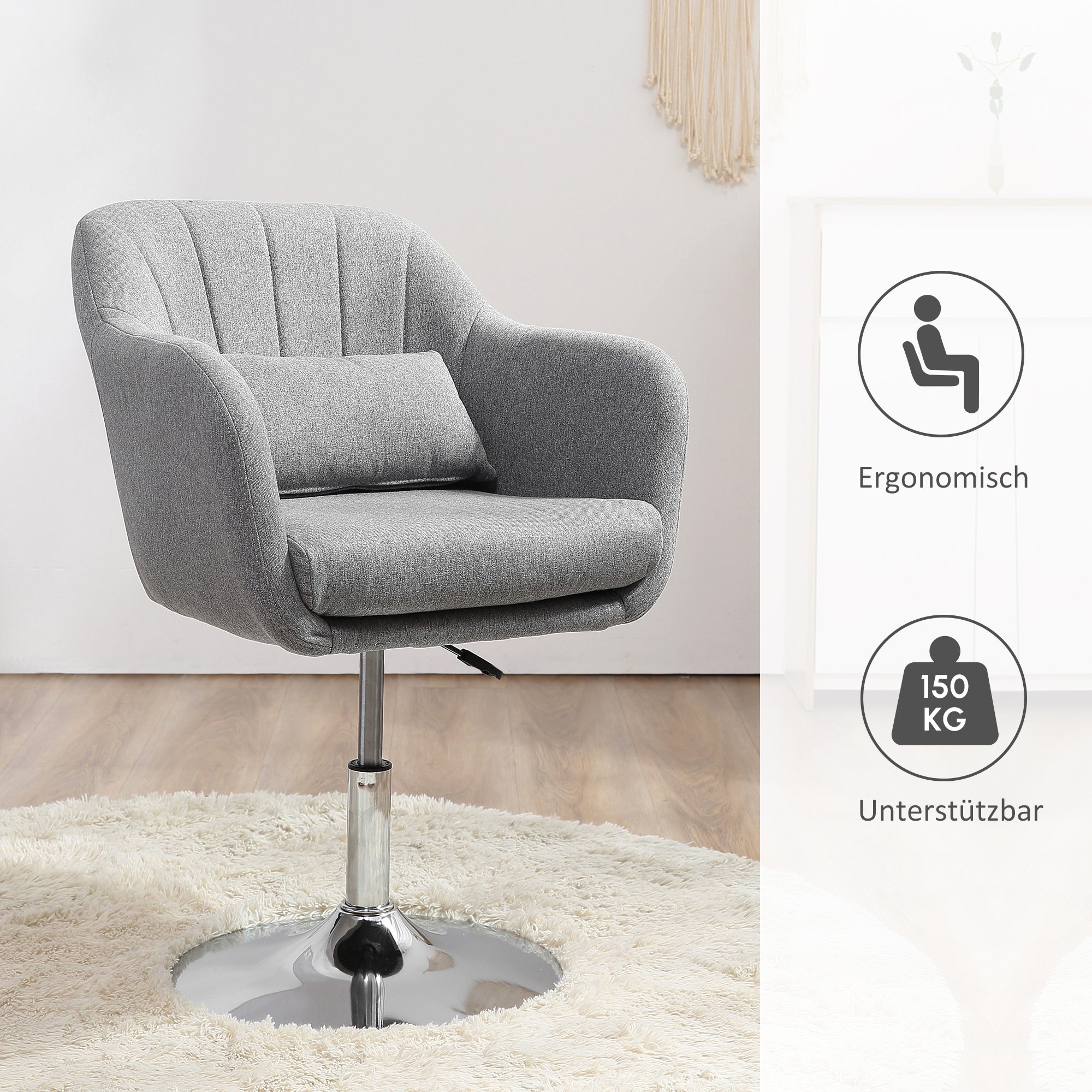 HOMCOM Arbeitshocker Drehhocker bis 136 kg, höhenverstellbar, leinenartiges Polyester, Stahl, Grau, 60 x 60 x 79-91 cm