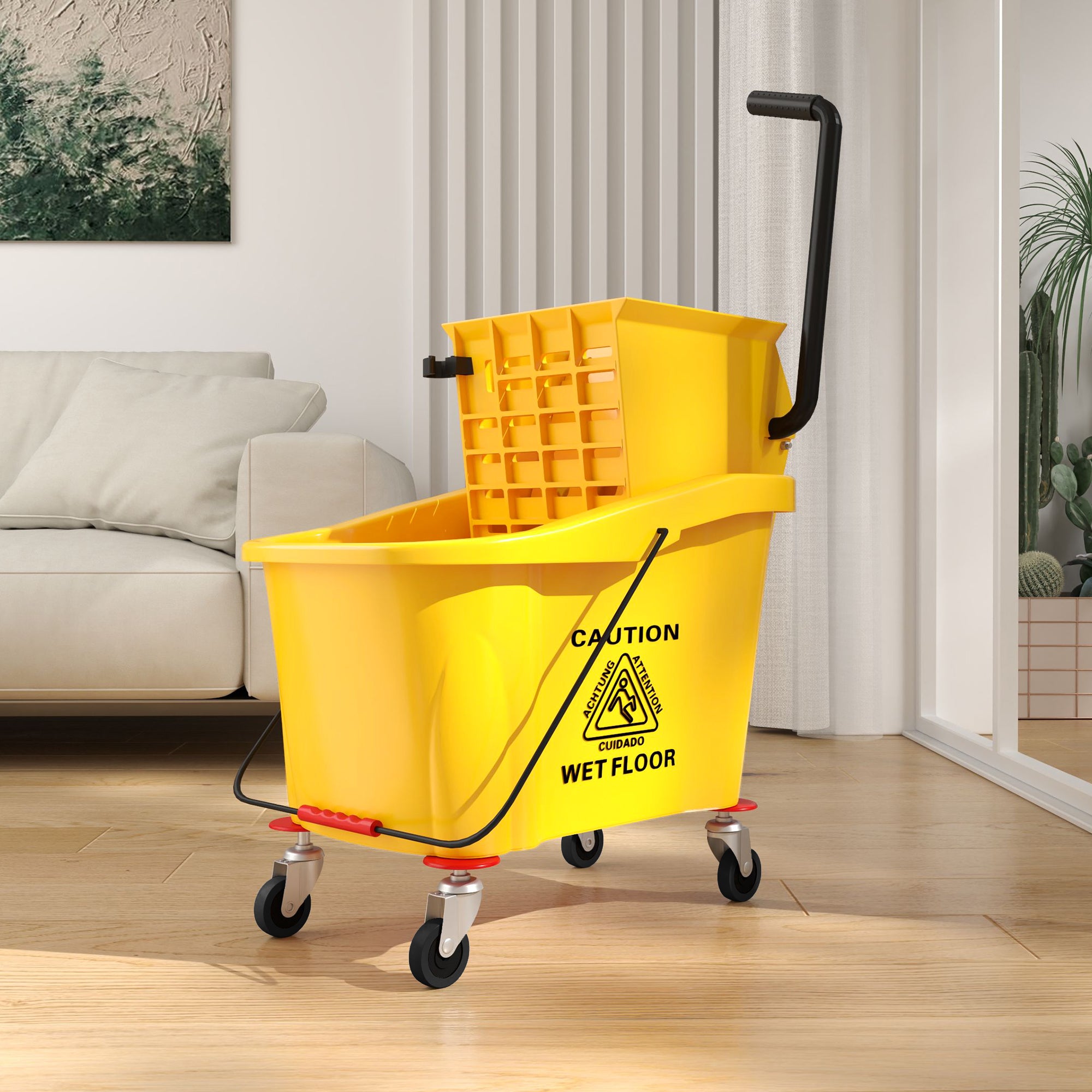 HOMCOM Wischeimer auf Rädern mit Mopp-Auswringer, Mopp-Halter, 36 Liter, Kunststoff, Gelb