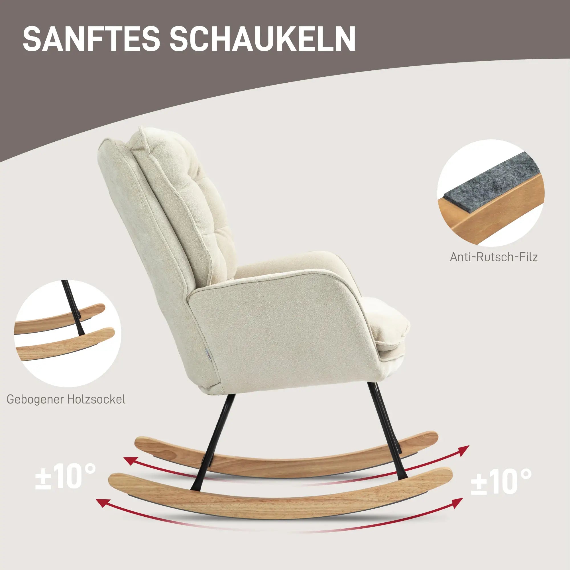 HOMCOM Schaukelstuhl, breiter Sitz, hohe Rückenlehne, Buchenholzrahmen, bis 120 kg, Beige