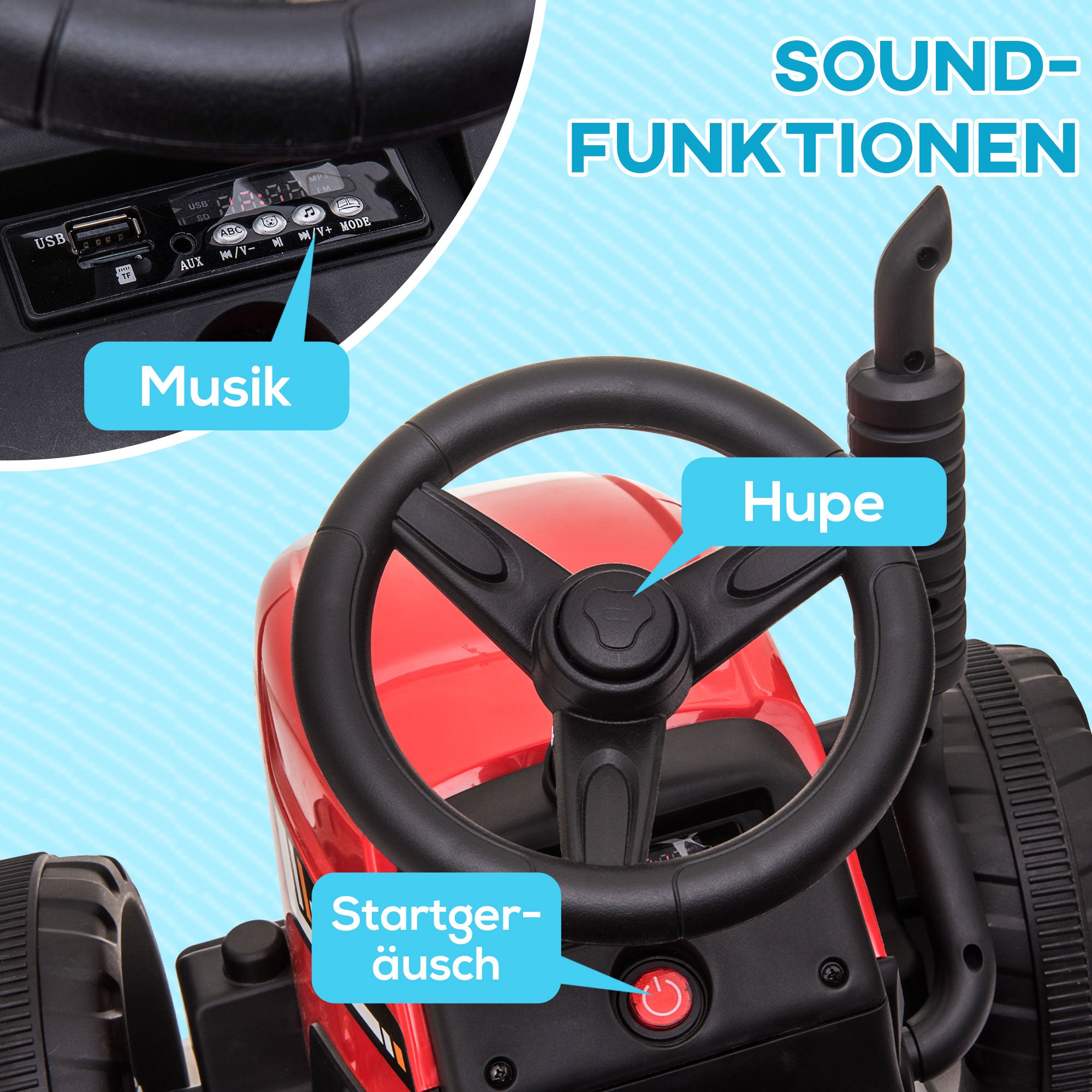 HOMCOM Elektrischen Kinderauto, Kinder-Traktor, inkl. Eltern-Fernbedienung, max. Geschwindigkeit von 6 km/h; Rot + Schwarz