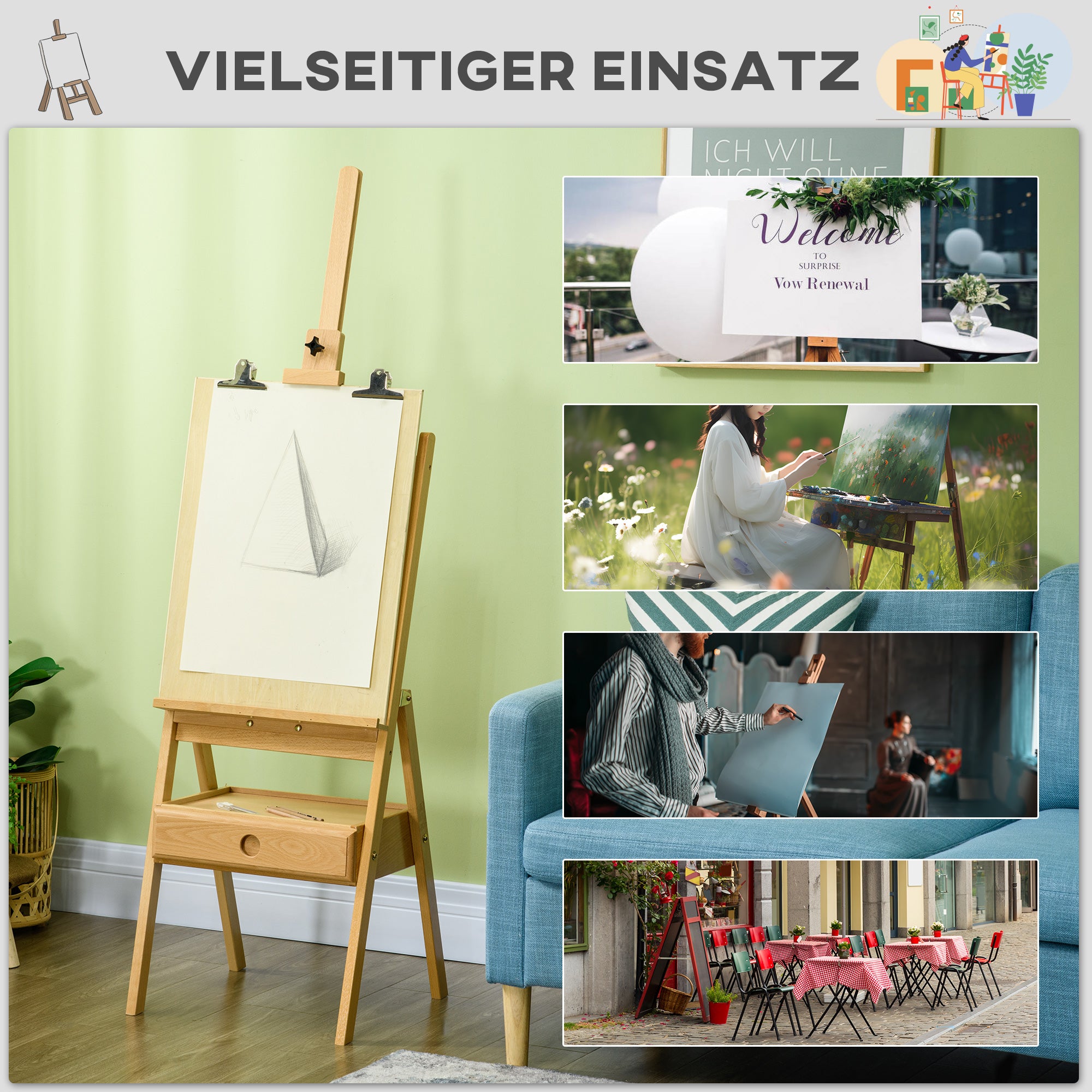 Vinsetto Staffelei, Künstlerstaffelei, Höhenverstellbar, 1Schublade, Natur + Schwarz