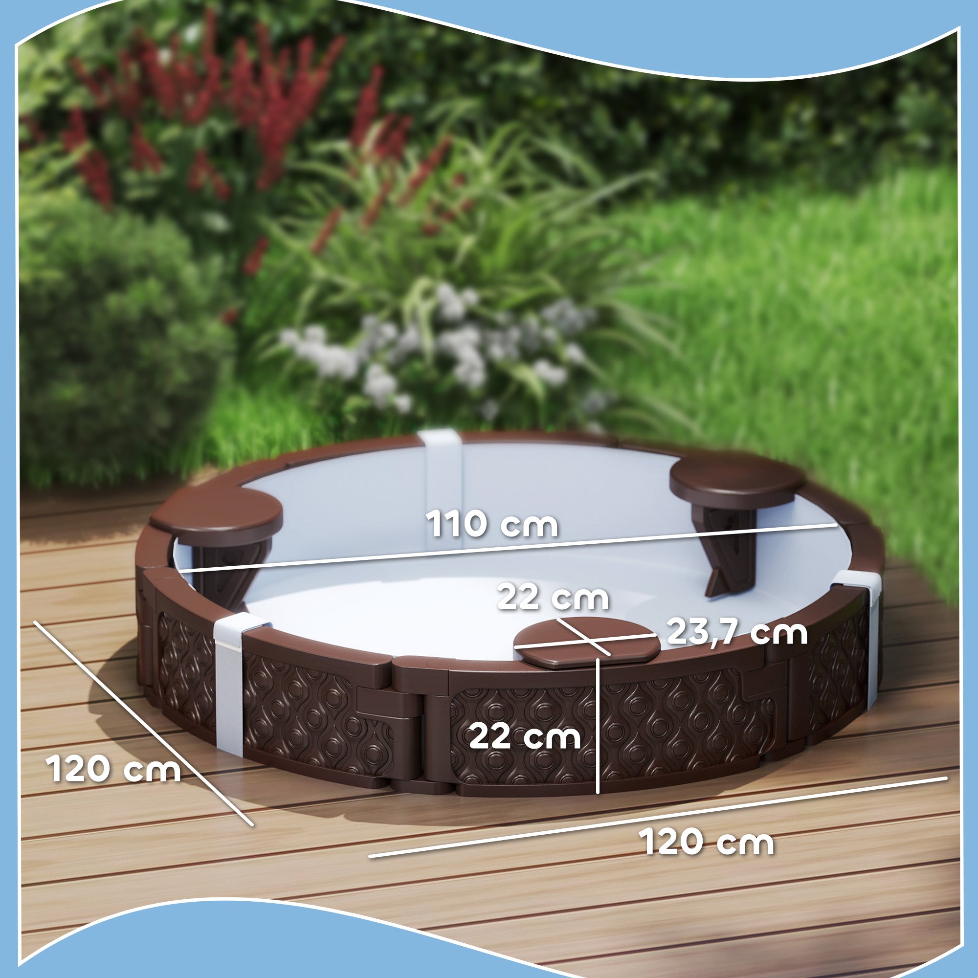 AIYAPLAY Sandkasten, Runde Sandkiste für bis zu 3 Kinder, mit 3 Sitzen, wasserfeste Unterlage, Schutzplane, 300 kg Sand