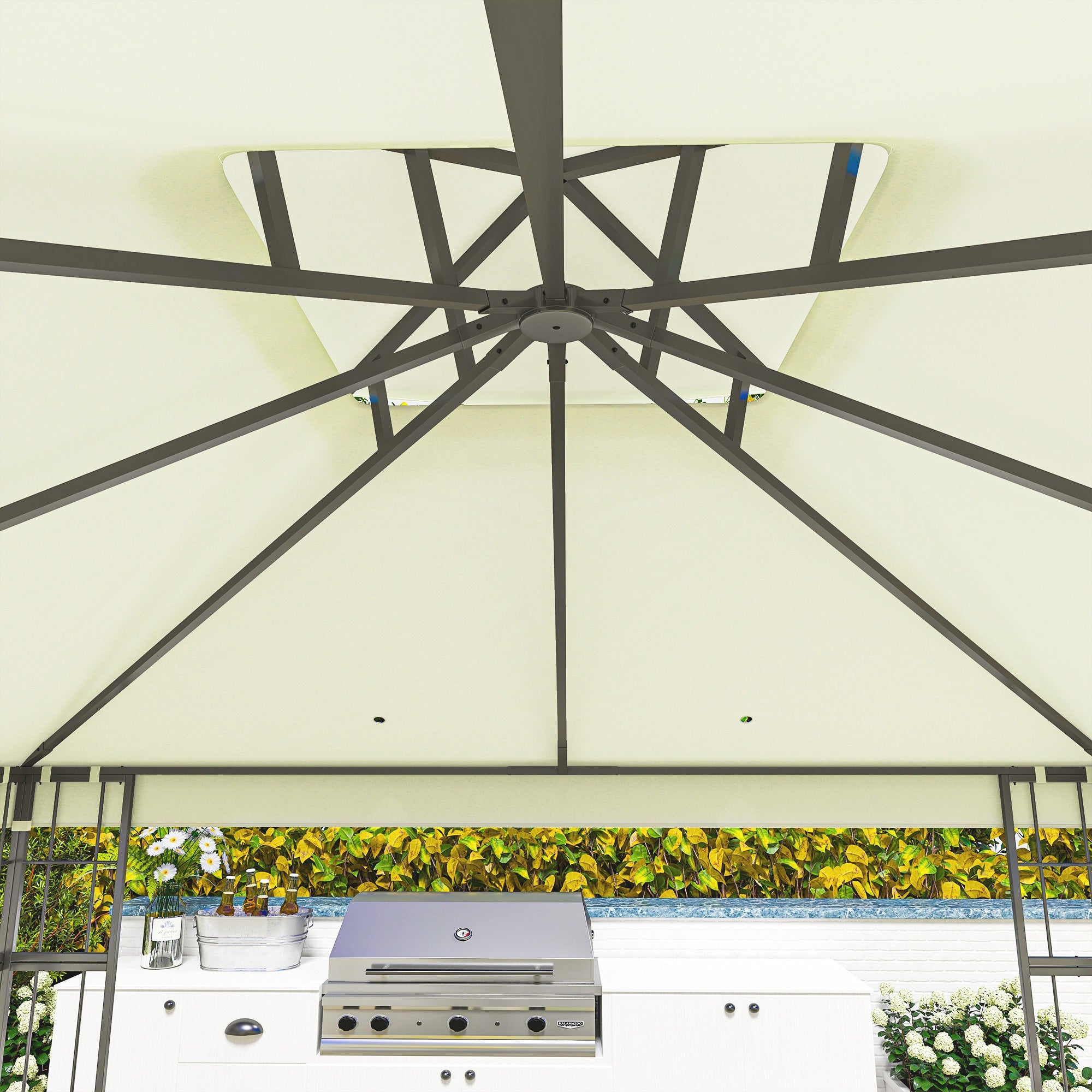 Outsunny 3 x 3 m Garten-Pavillon, 2-Stufen-Dach-Design, UV30+ Schutz, UV-beständig, Sonnenschutz, Metallrahmen, Cremeweiß