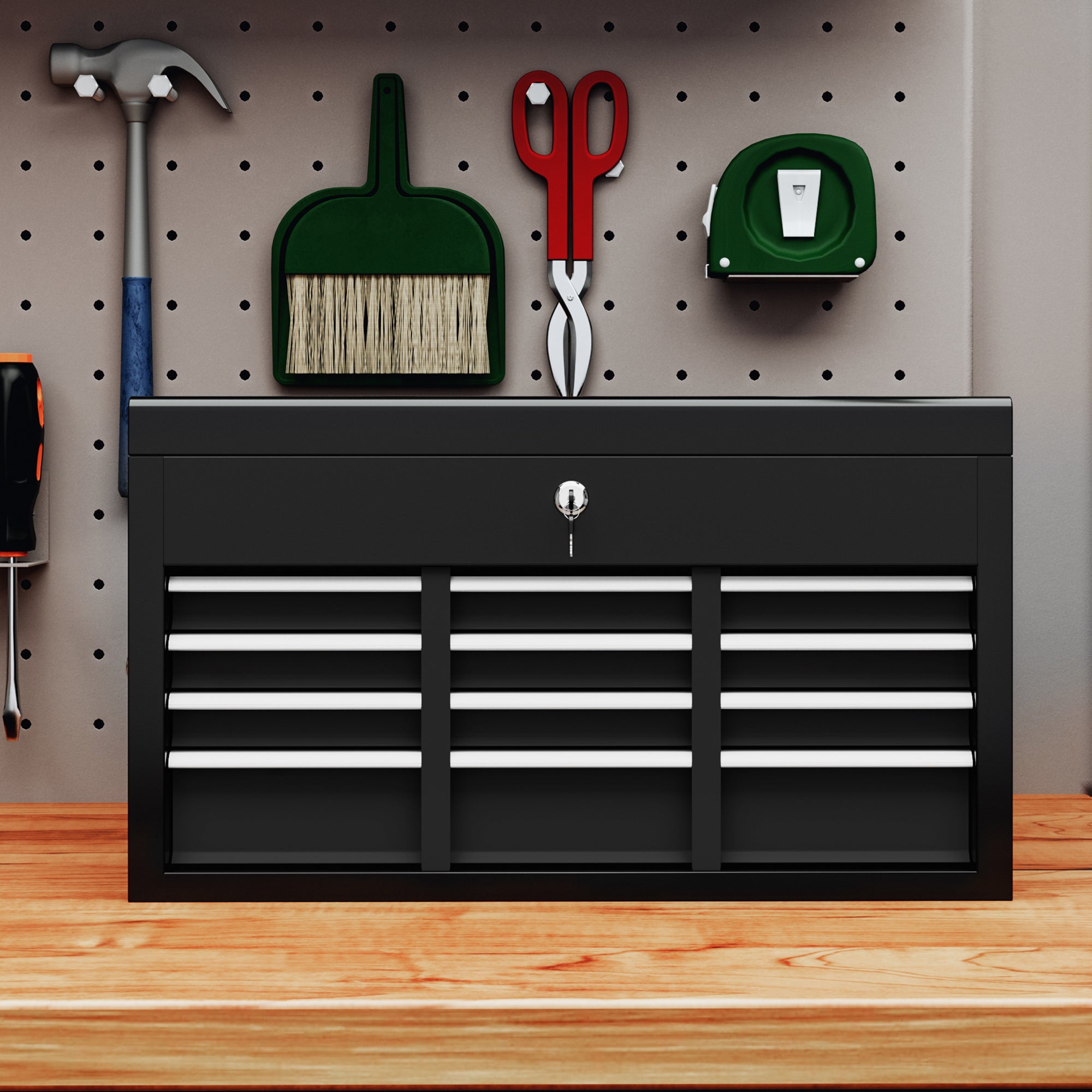 HOMCOM Werkzeugkiste, abschließbar, 3 Schubladen, Stahlgehäuse, 60x26x34cm, Schwarz