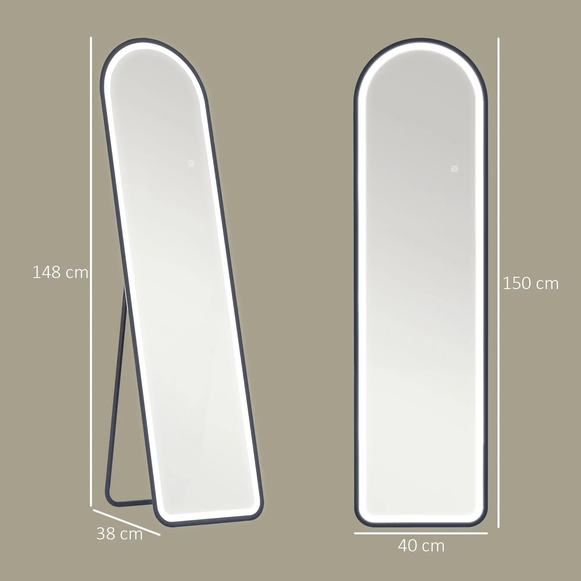 HOMCOM Ganzkörperspiegel, 150 x 40 cm, Freistehender Spiegel mit dimmbaren LED-Lichtern für Wohnzimmer, Schlafzimmer