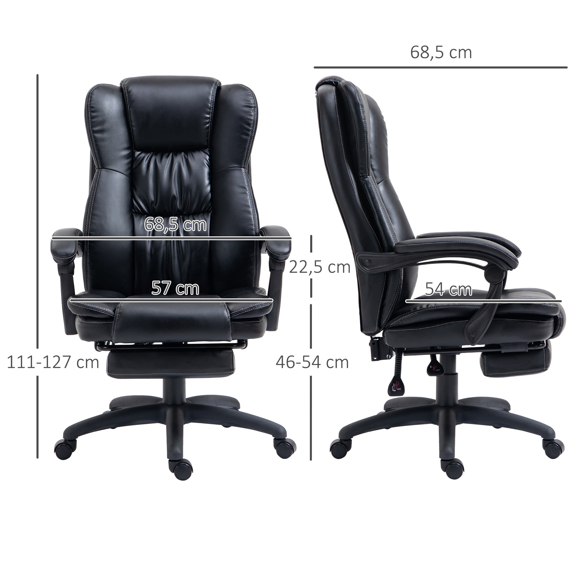 Vinsetto Verstellbarer Drehstuhl mit Fußstütze, Kopfstütze, Massagefunktion, Kunstleder, 68,5x68,5x113-121cm, Schwarz