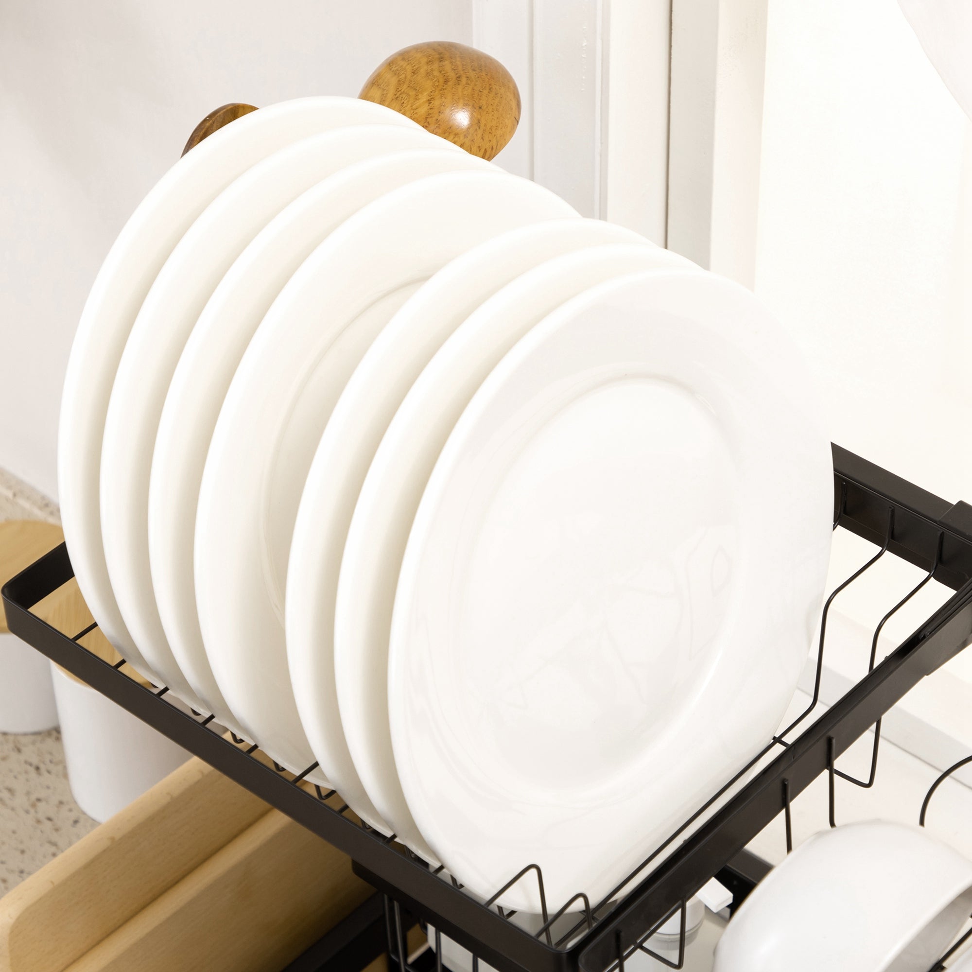 HOMCOM Abtropfgestell Geschirr, 2-stufiges Abtropfständer mit Haken, Tellerregal, Zubehör, 100 cm Stahl, Schwarz