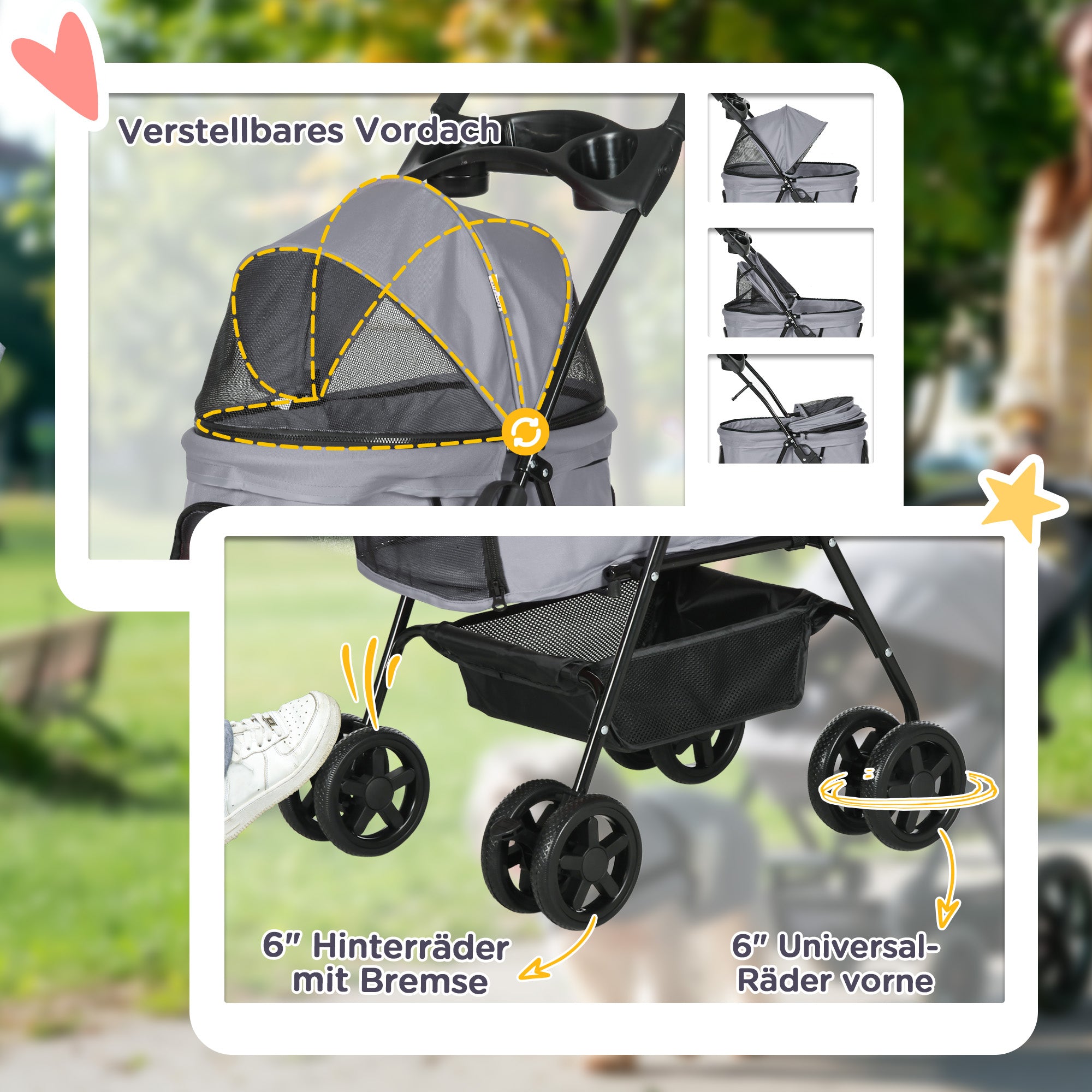 PawHut Hundebuggy Hundewagen bis 4 kg Klappbar Netzfenster Bodenkorb Becherhalter abnehmbares Dach grau 67 x 45 x 96 cm