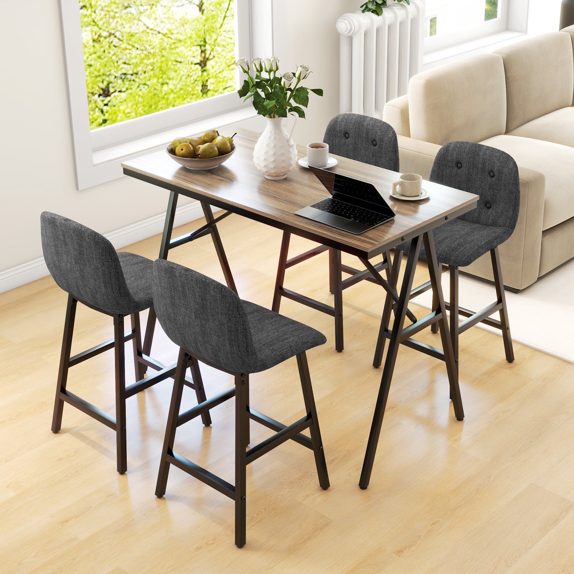HOMCOM Bargarnitur 5-teilig, Tisch und 4 Stühle, Knopfheftung, dicke Polsterung, Leinenoptik, Dunkelgrau