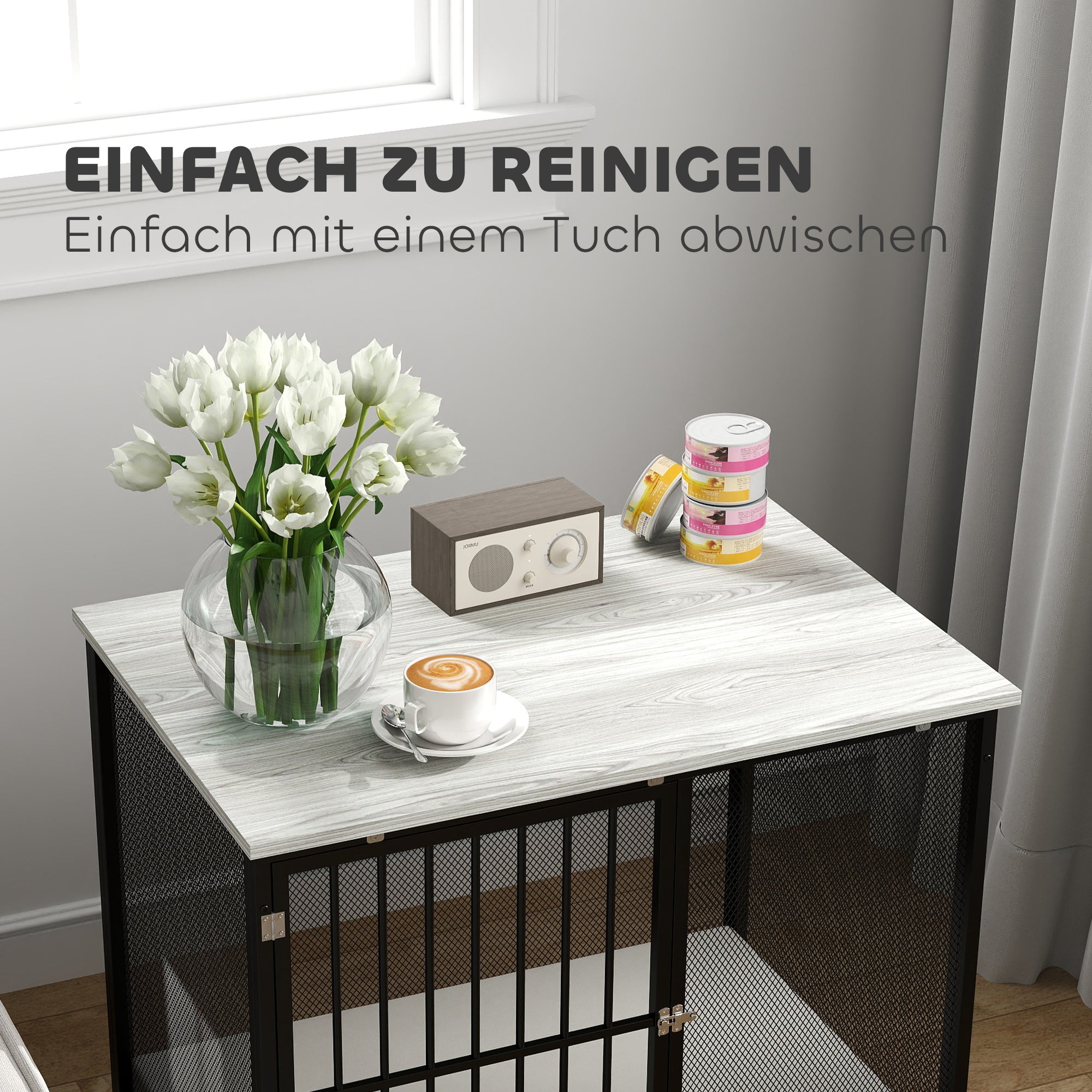 PawHut Hundebox mit gepolsterter Liegefläche, erhöhte Bodenwanne, verstellbare Füße, 80x55x71 cm, Eiche/Schwarz