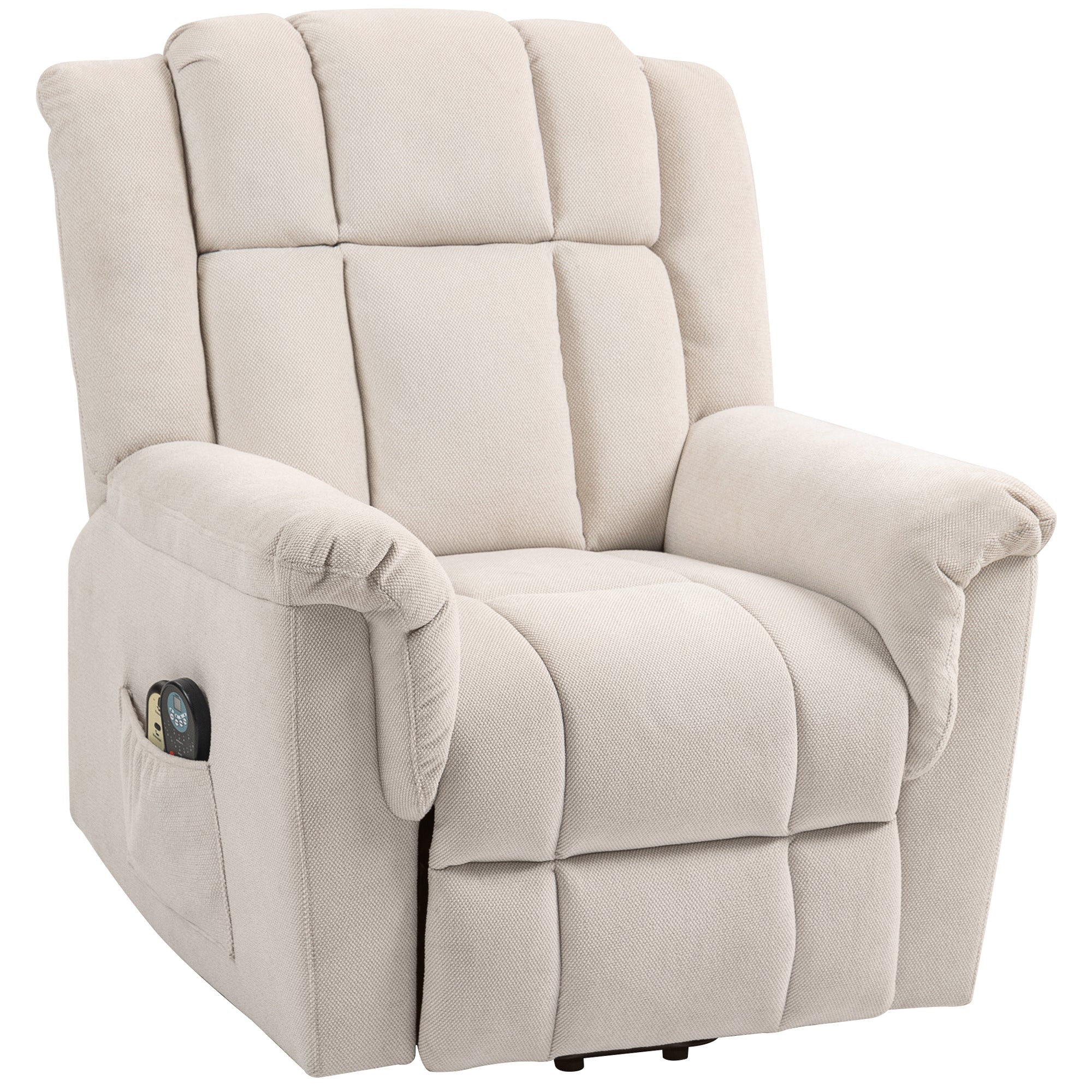 HOMCOM Powerlift-Sessel, Massagesessel mit Wärmefunktion, Polstersessel mit Fußstütze, Seitentasche, Stoffbezug, Beige
