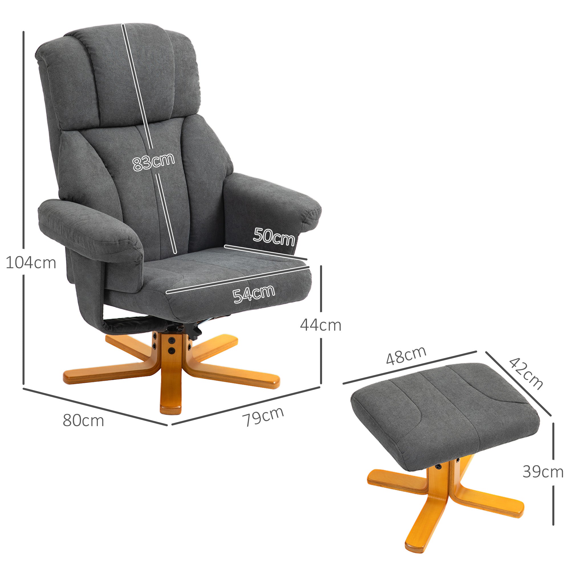 HOMCOM Verstellbarer Sessel mit Fußhocker mit hoher Lehne und Holzrahmen für Wohnzimmer, Schlafzimmer, Dunkelgrau