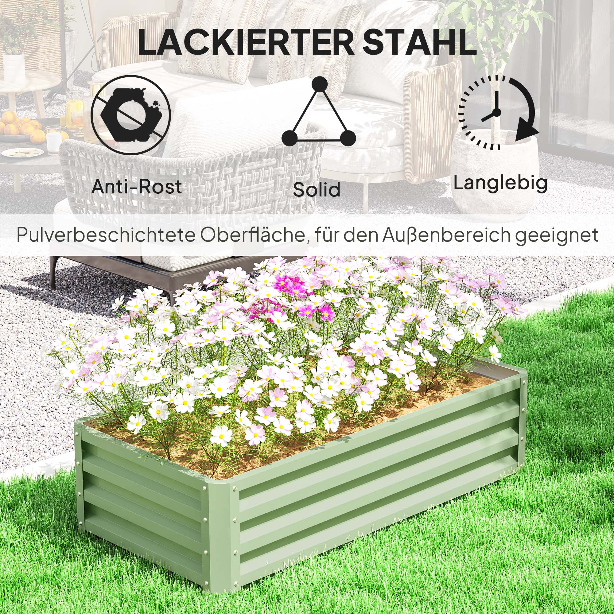 Outsunny Hochbeet Pflanzkasten, wetterbeständig, offener Boden, verzinkter Stahl, 120 cm x 60 cm x 30,5 cm, Grün