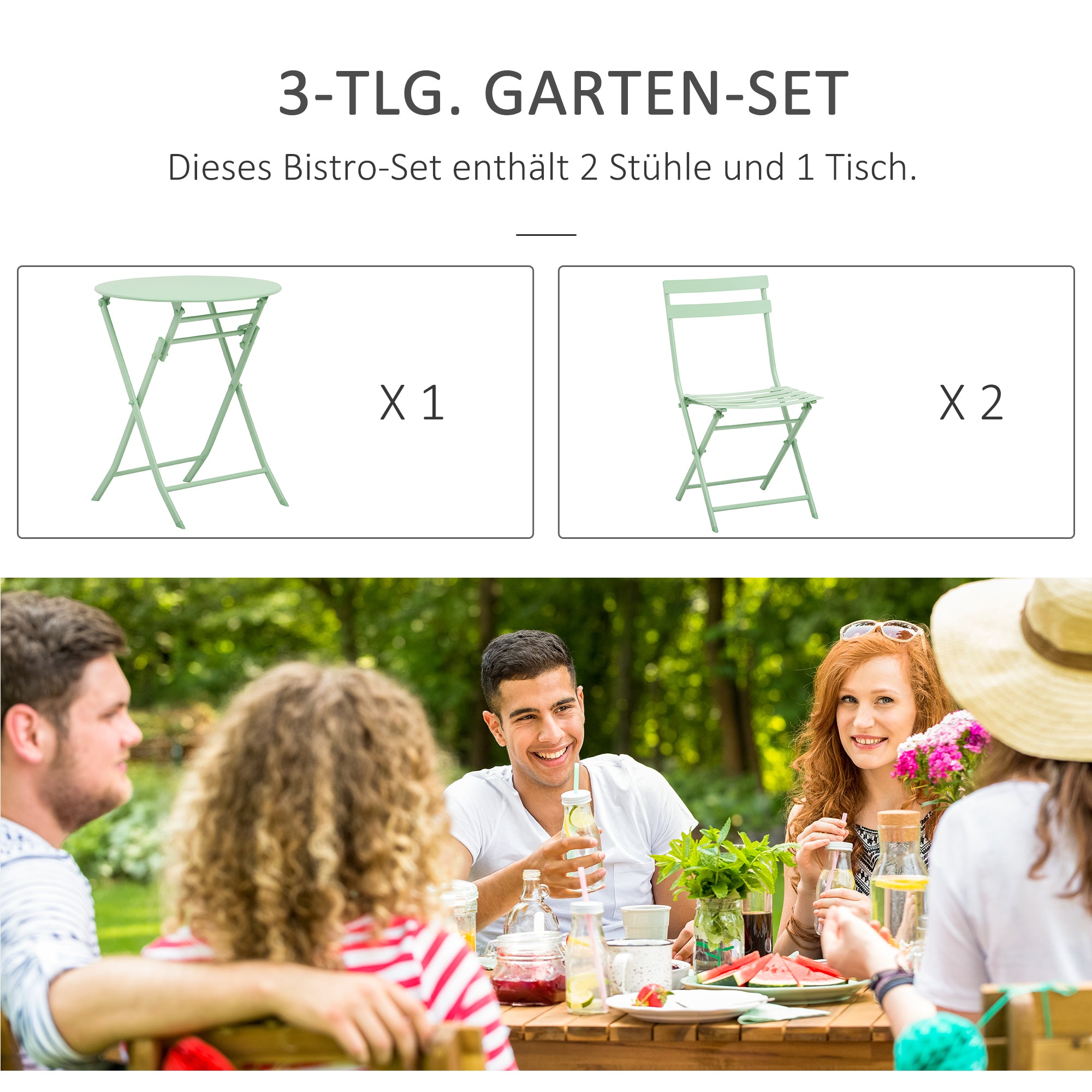 Outsunny Gartenset für 2 Personen Garnitur Balkonmöbel Set Bistrotisch mit 2 Stühlen  für Hof Garten klappbar Grün