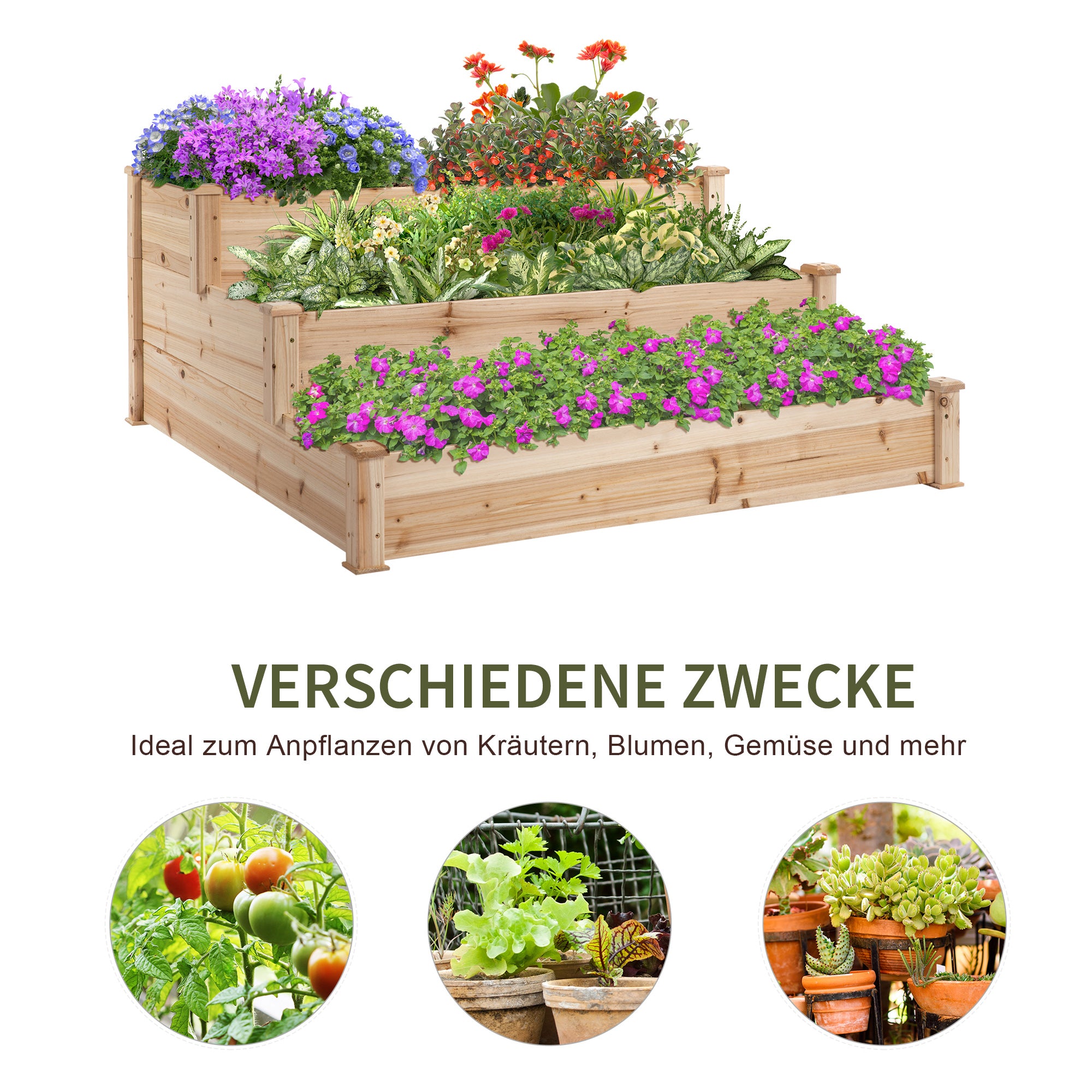 Outsunny Hochbeet 3-stufige Gartenbeet Pflanzenbeet  Kräuterbeet Blumentreppe für Balkon Garten Natur Tannenholz 120 x 120 x 56 cm