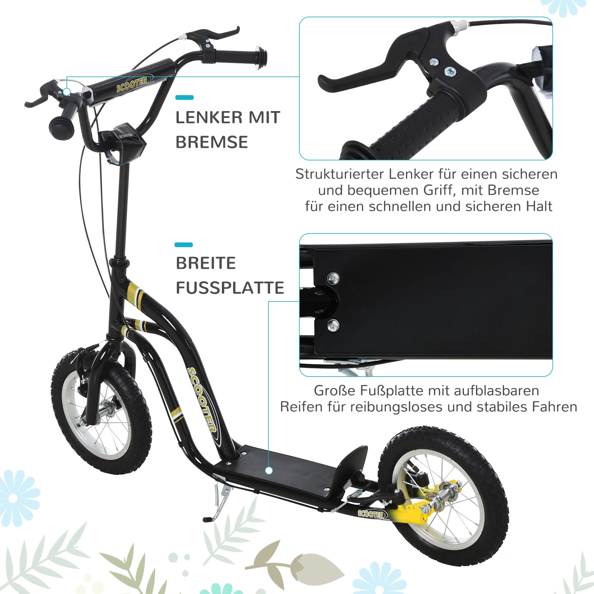 HOMCOM Kinderroller ab 5 Jahre Scooter Kinderscooter Tretroller Cityroller Kinder Roller Kickboard mit Luftreifen 12 Zoll Gummi Aluminium Schwarz 120 x 58 x 85-95 cm