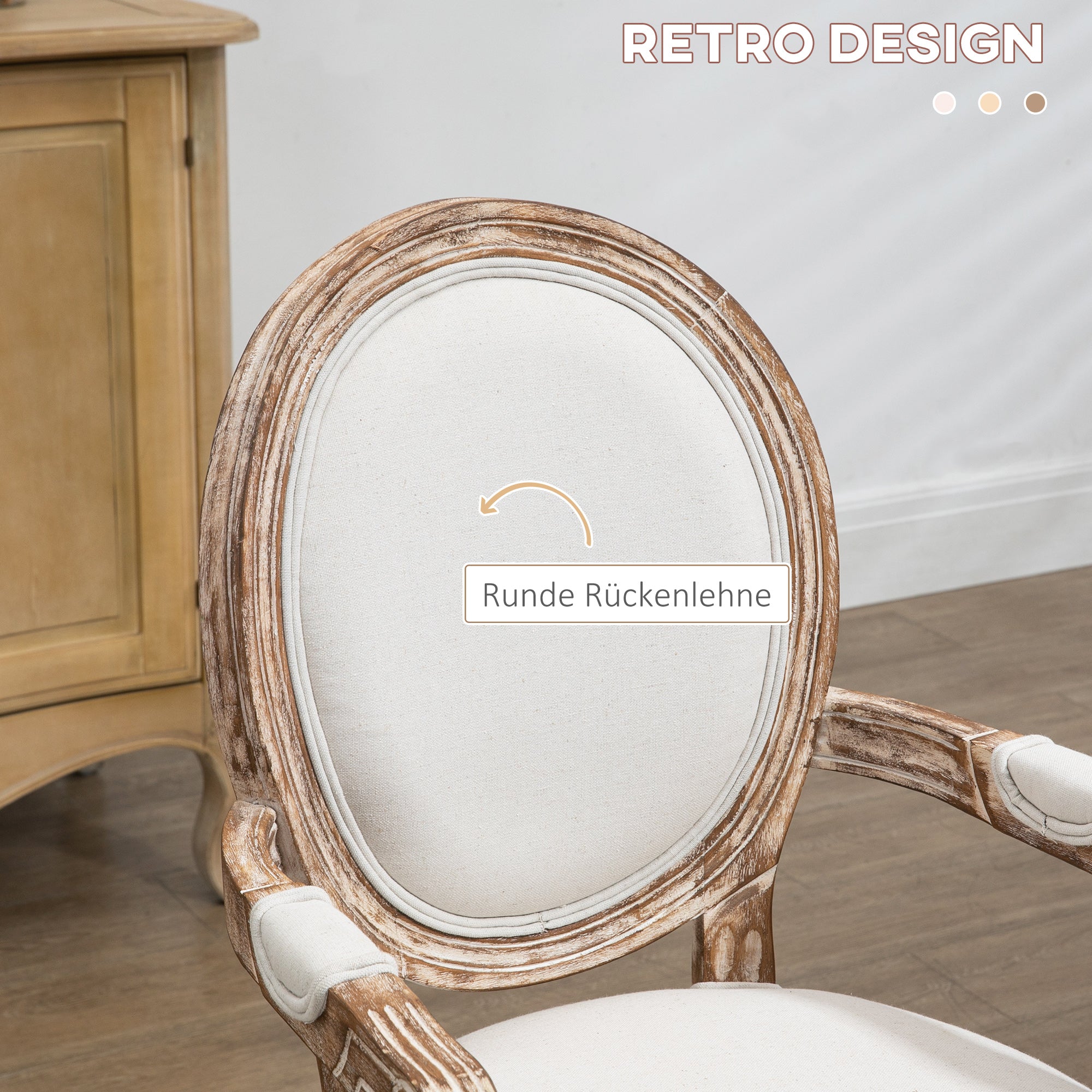 HOMCOM Küchenstuhl mit Armlehnen Polsterstuhl Esszimmerstuhl Retro-Design im Leinen-Optik für Wohnzimmer Gummiholz Cremeweiß+ helle Holzfarbe 56 x 56 x 96 cm