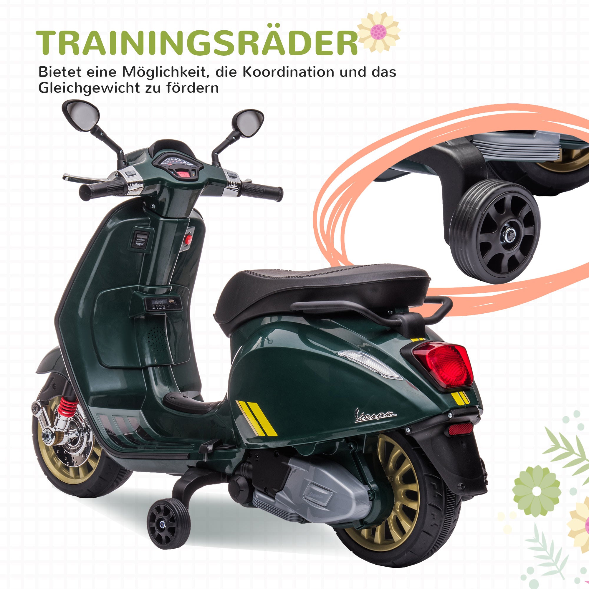 AIYAPLAY Elektro-Kindermotorrad, Vespa, 3 km/h, 3-6 Jahre, Musik, Licht & Radio, Dunkelgrün