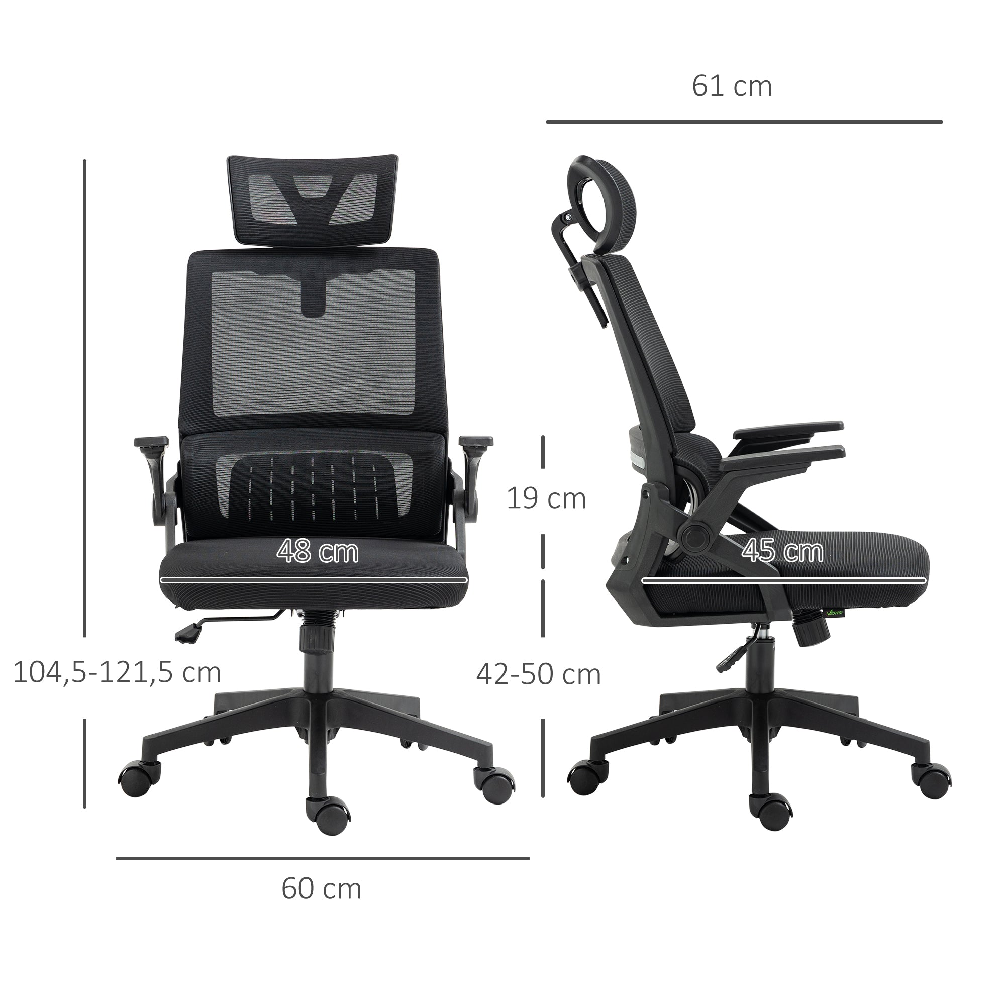 Vinsetto Bürostuhl Schreibtischstuhl Office-Stuhl, höhenverstellbar, 1 Kopfstütze, 60 x 61 x 121,5 cm. Schwarz