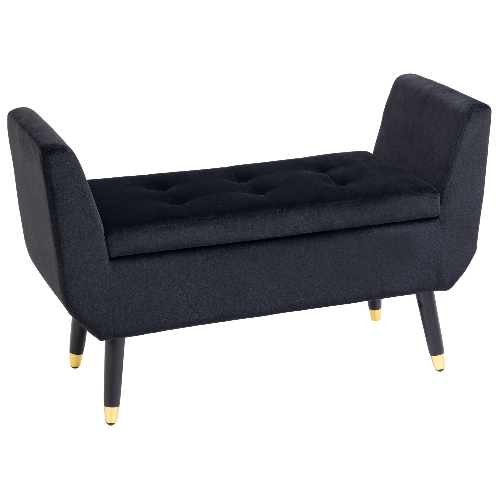 HOMCOM Sitzbank mit Stauraum Armlehnen Polsterbank mit Samtoptik, Sitztruhe mit Holzbeine, Truhenbank für Wohnzimmer Schlafzimmer Flur 107 x 42 x 65 cm, Schwarz