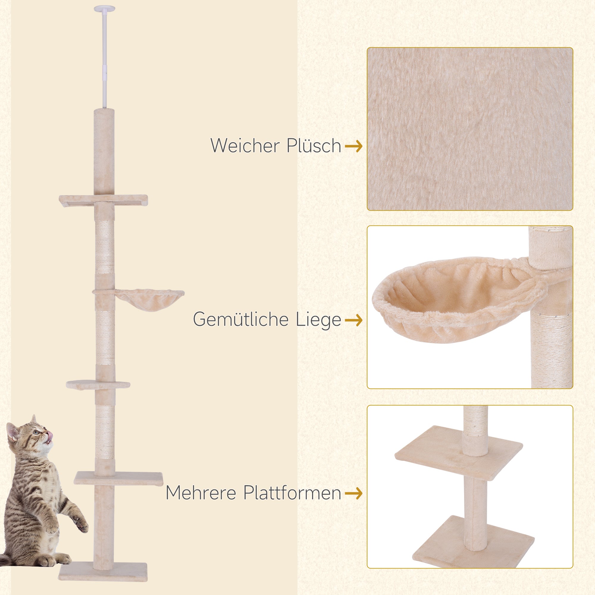 PawHut Kratzbaum Deckenhoch höhenverstellbar, stabiler Katzenbaum mit Sisalsäulen, Katzen Kletterbaum, Beige, 40 x 34 x 230-260 cm
