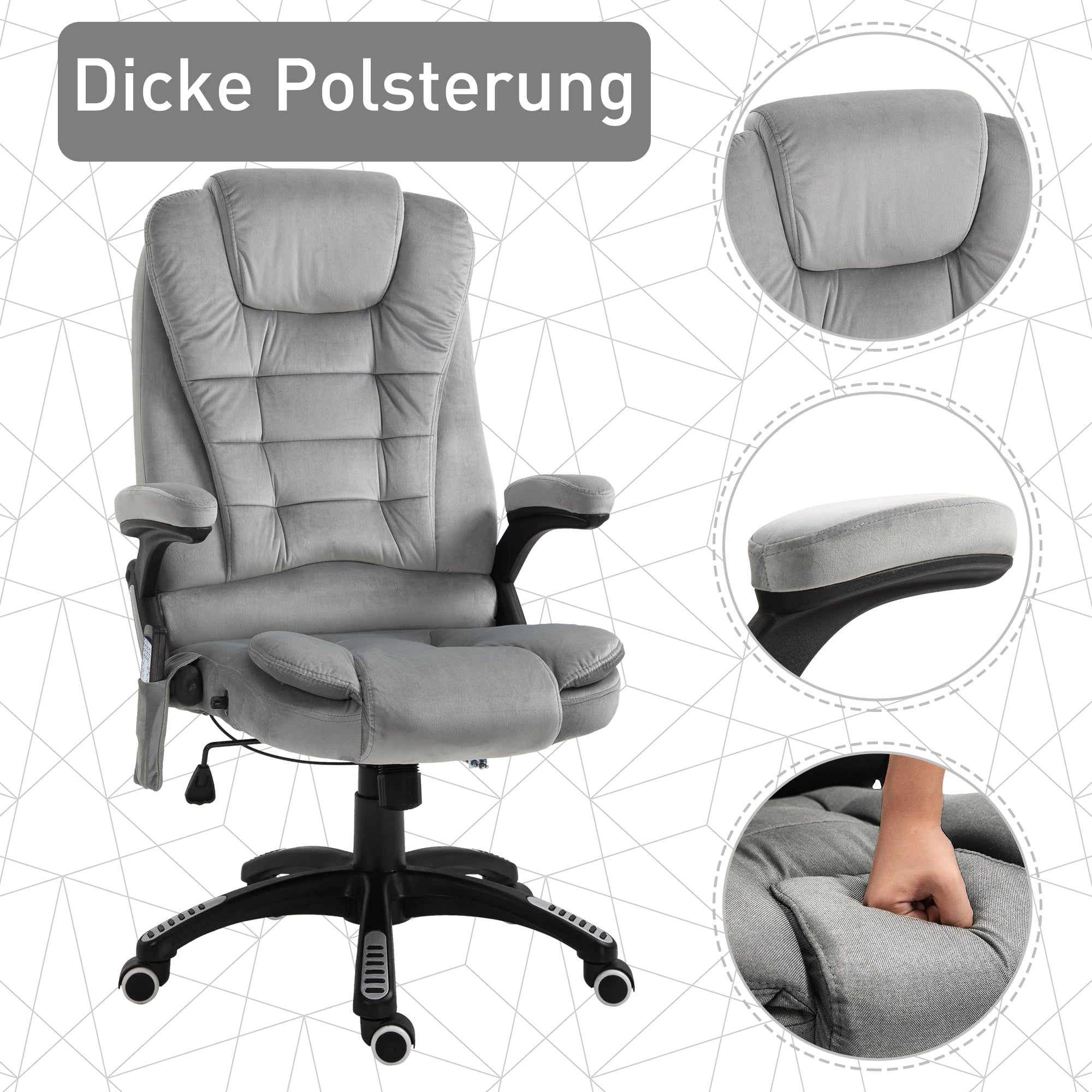 Vinsetto Bürostuhl mit Vibrationsmassage, Ergonomisch Schreibtischstuhl mit Heiz-, Liegefunktion, Höhenverstellbar Chefsessel mit Fernbedienung, Seitentasche, Samtoptik, Braun