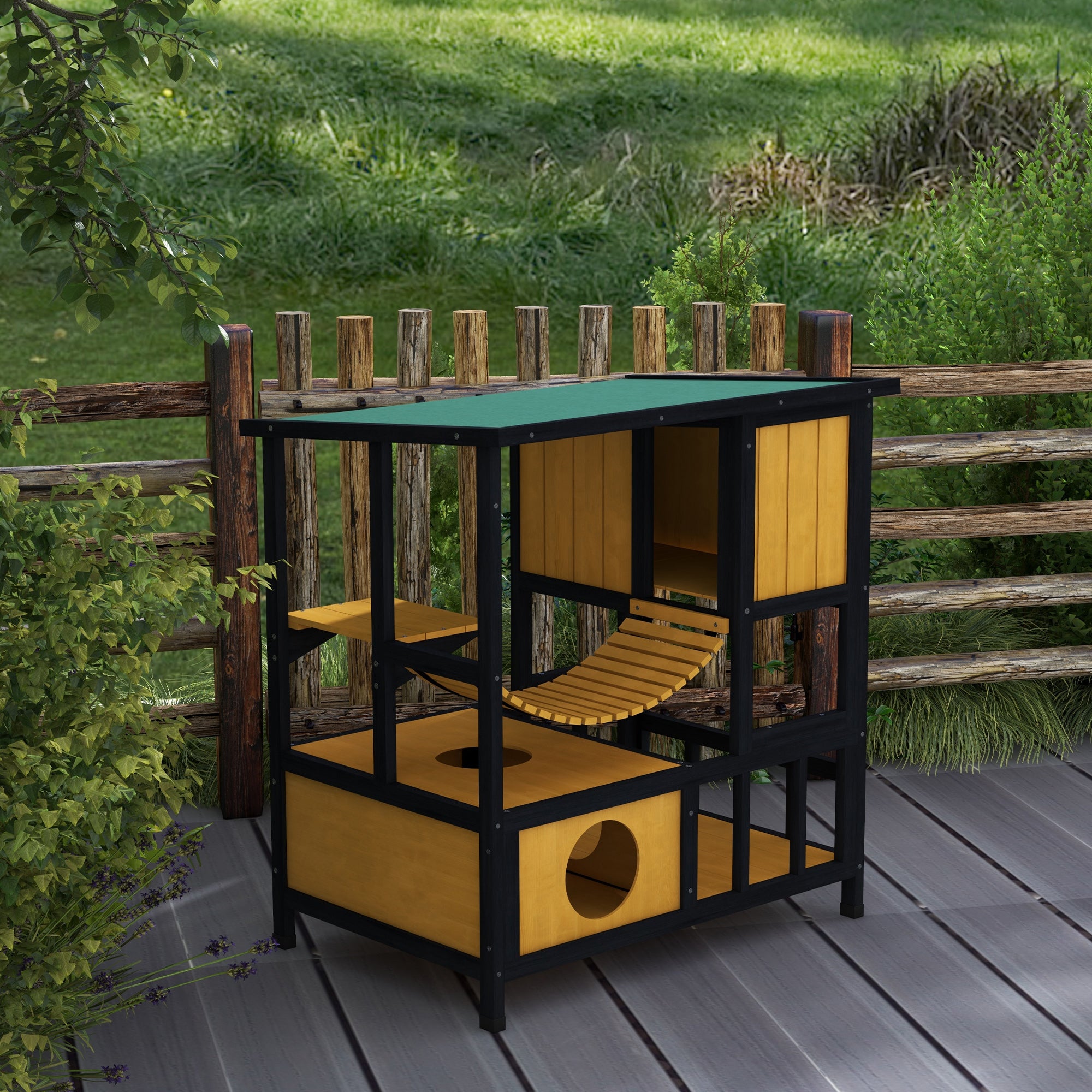 PawHut Katzenhaus Katzenhütte Katzenhöhle, wetterbeständig, 1 Rampe, 1 Plattform,  84,5 x 60 x 88 cm, Grün + Natur