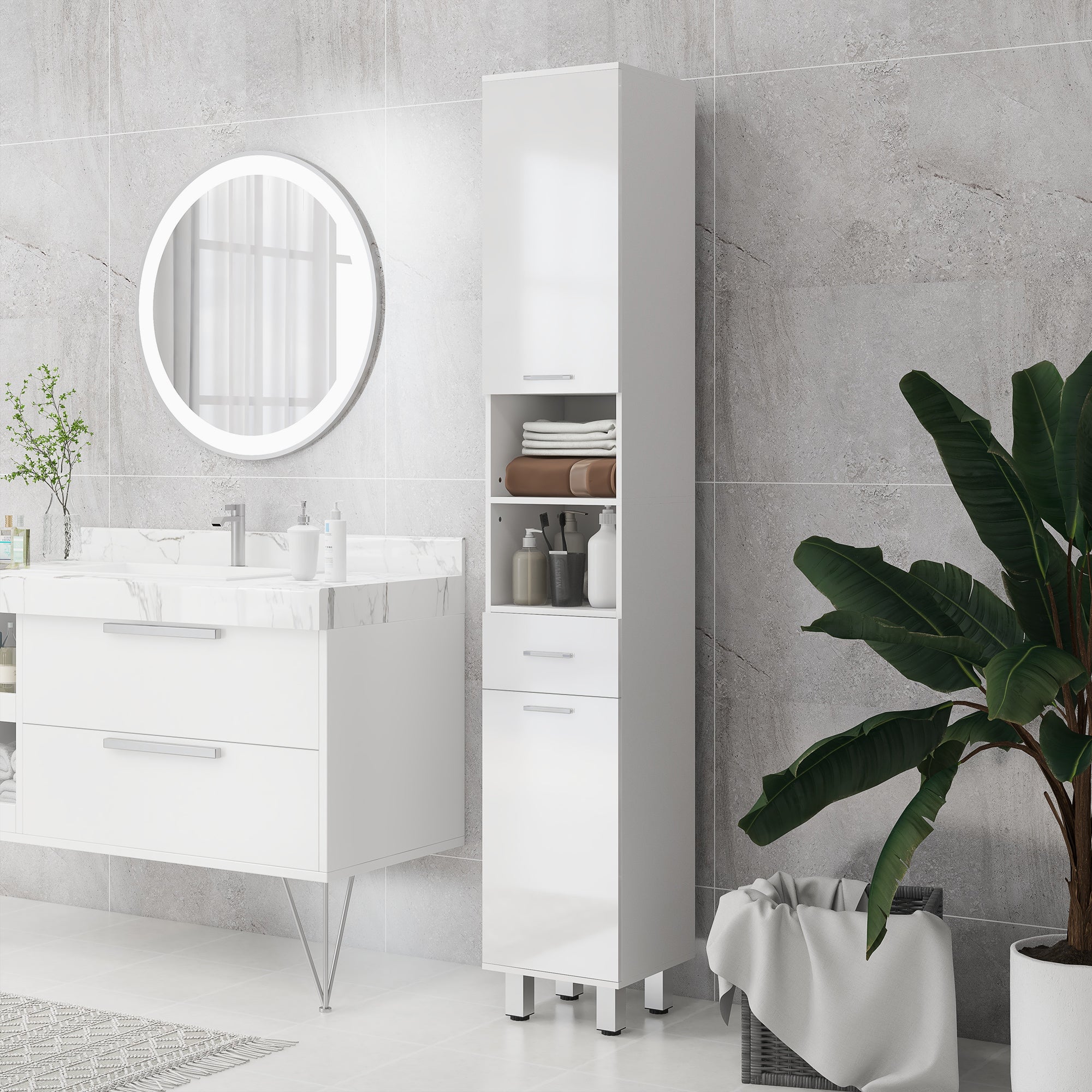 kleankin Badezimmerschrank, Badkommode, mit Regalen und Schublade, verstellbar, Weiß