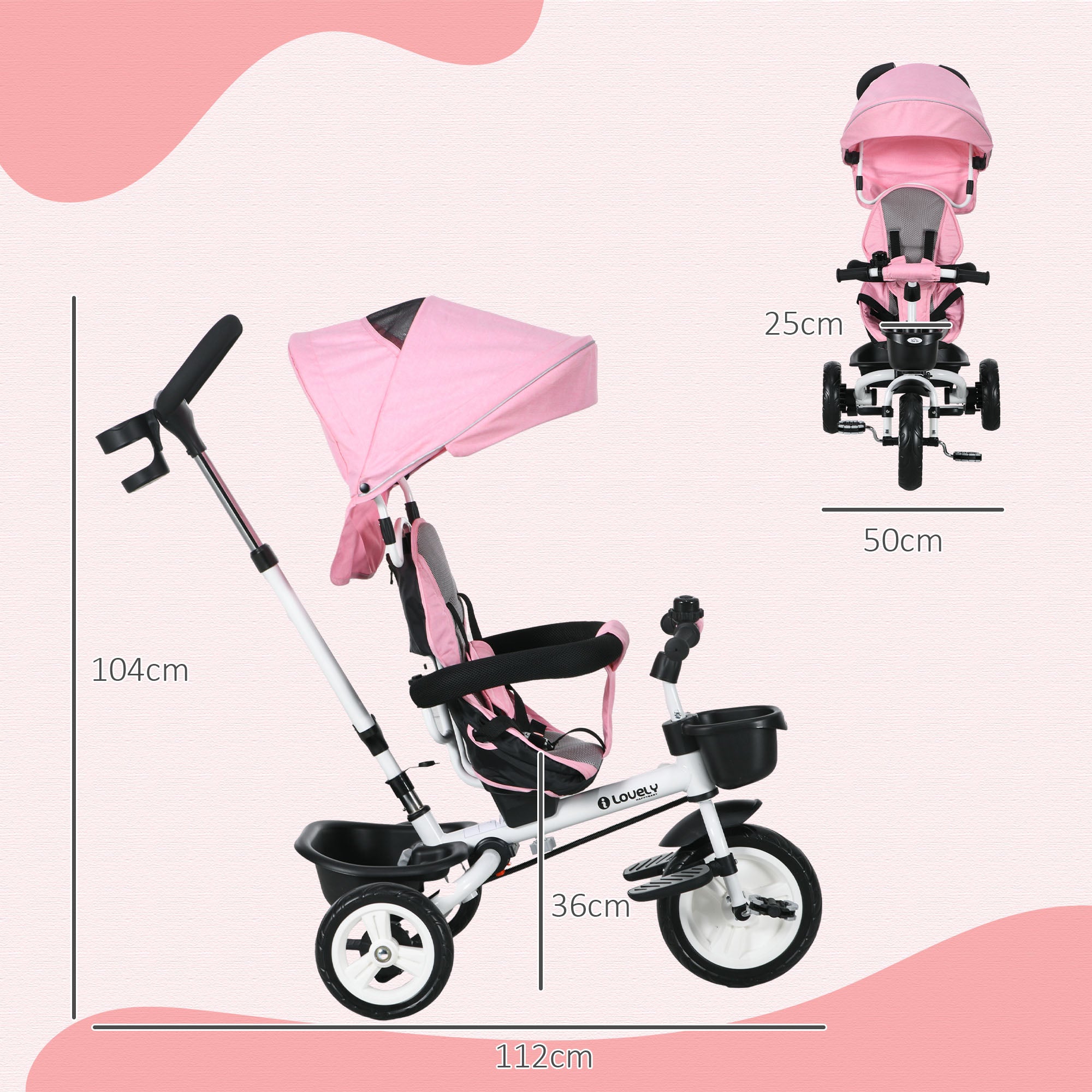 HOMCOM 6-in-1 Kinderdreirad mit Schiebestange, Dach, Gurt, Ablagekorb, 18+ Monate, Rosa