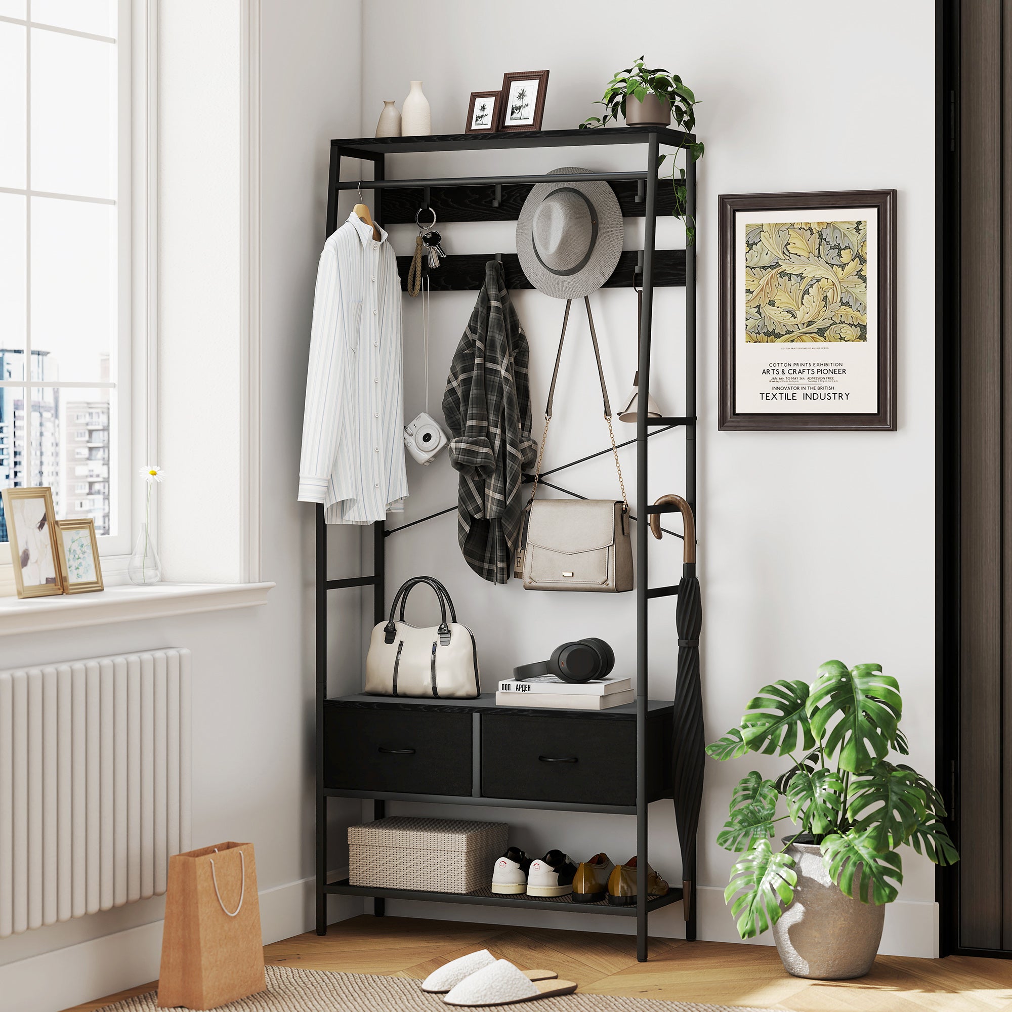 HOMCOM Garderobenständer mit Schuhregal, Kleiderständer im Industrie-Design, 2 Stoffschubladen, 8 Haken, Metallrahmen, Schwarz